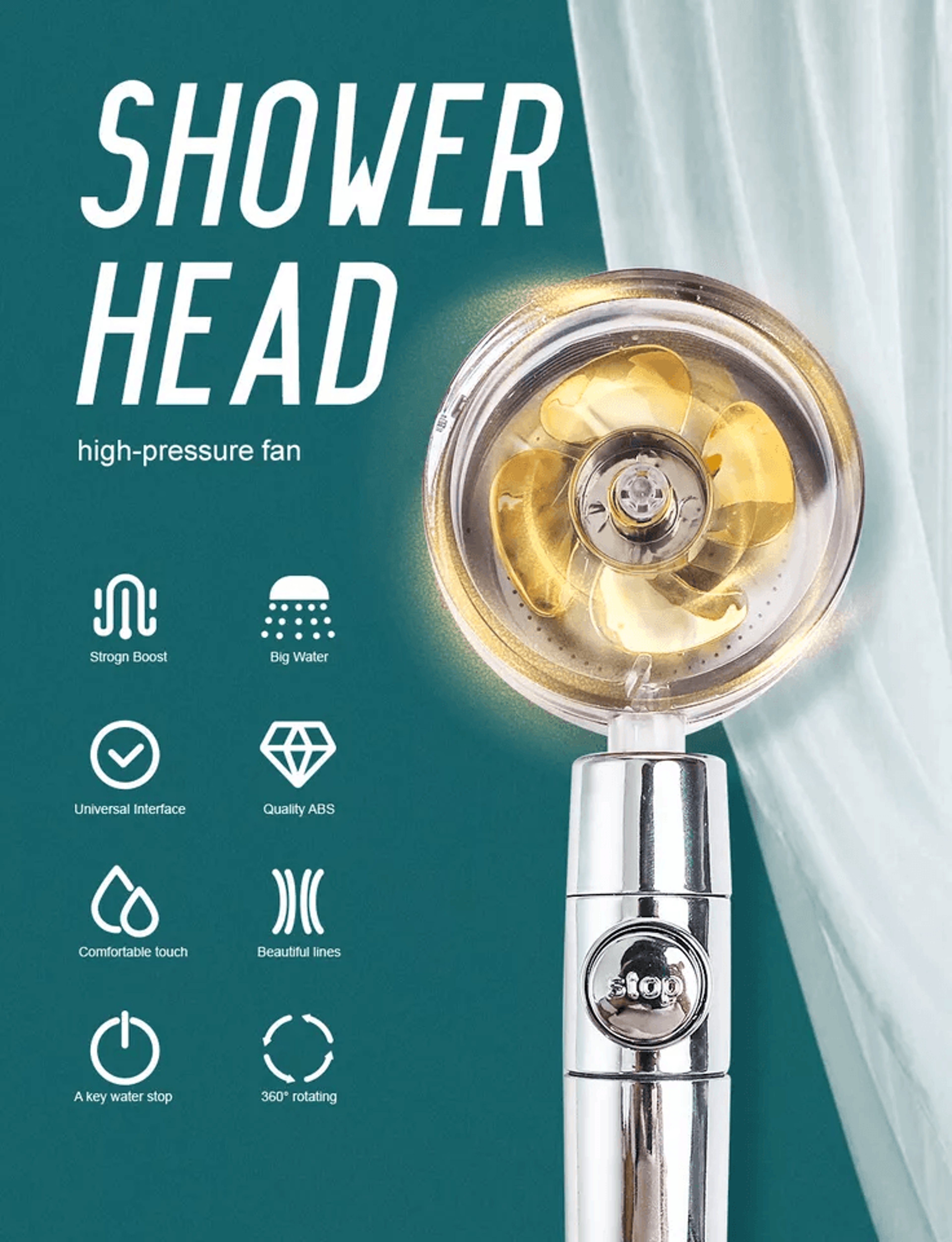 high pressure shower head, turbocharged water saving design