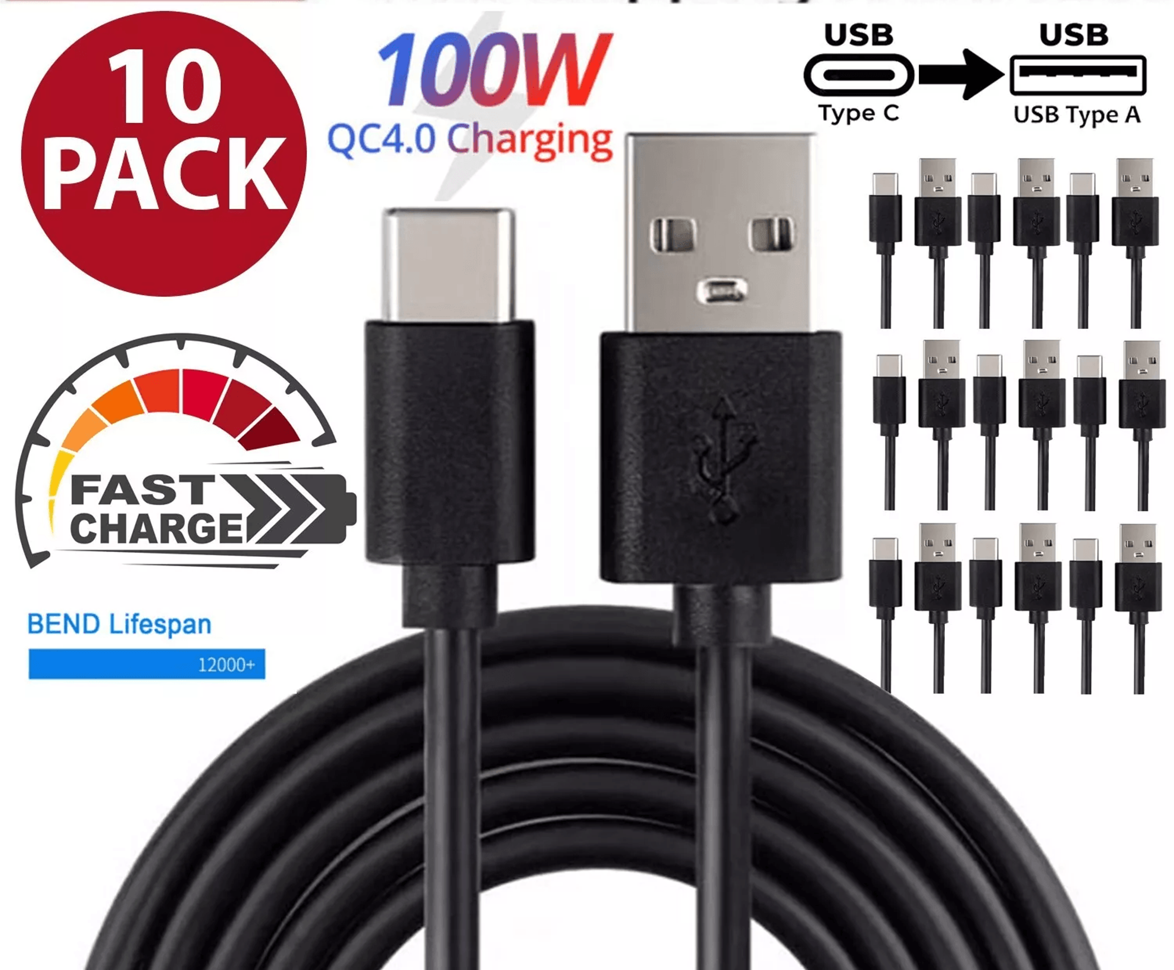 bulk wholesale usb-a to type c charging cable pack, fast charge cord with quick charger support for android phones