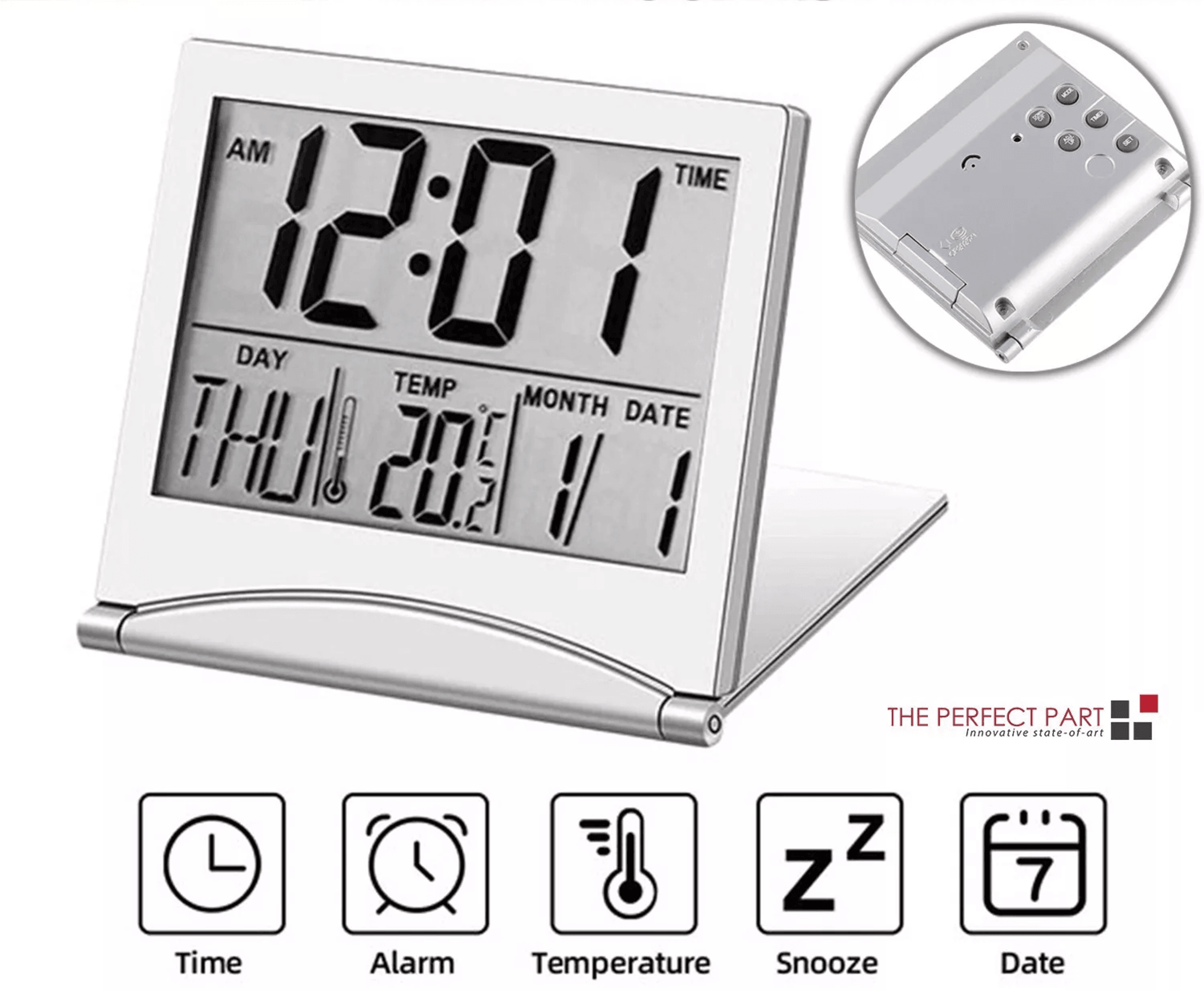 digital travel alarm clock, compact foldable lcd clock with temperature display & timer for desk, home, or traveld