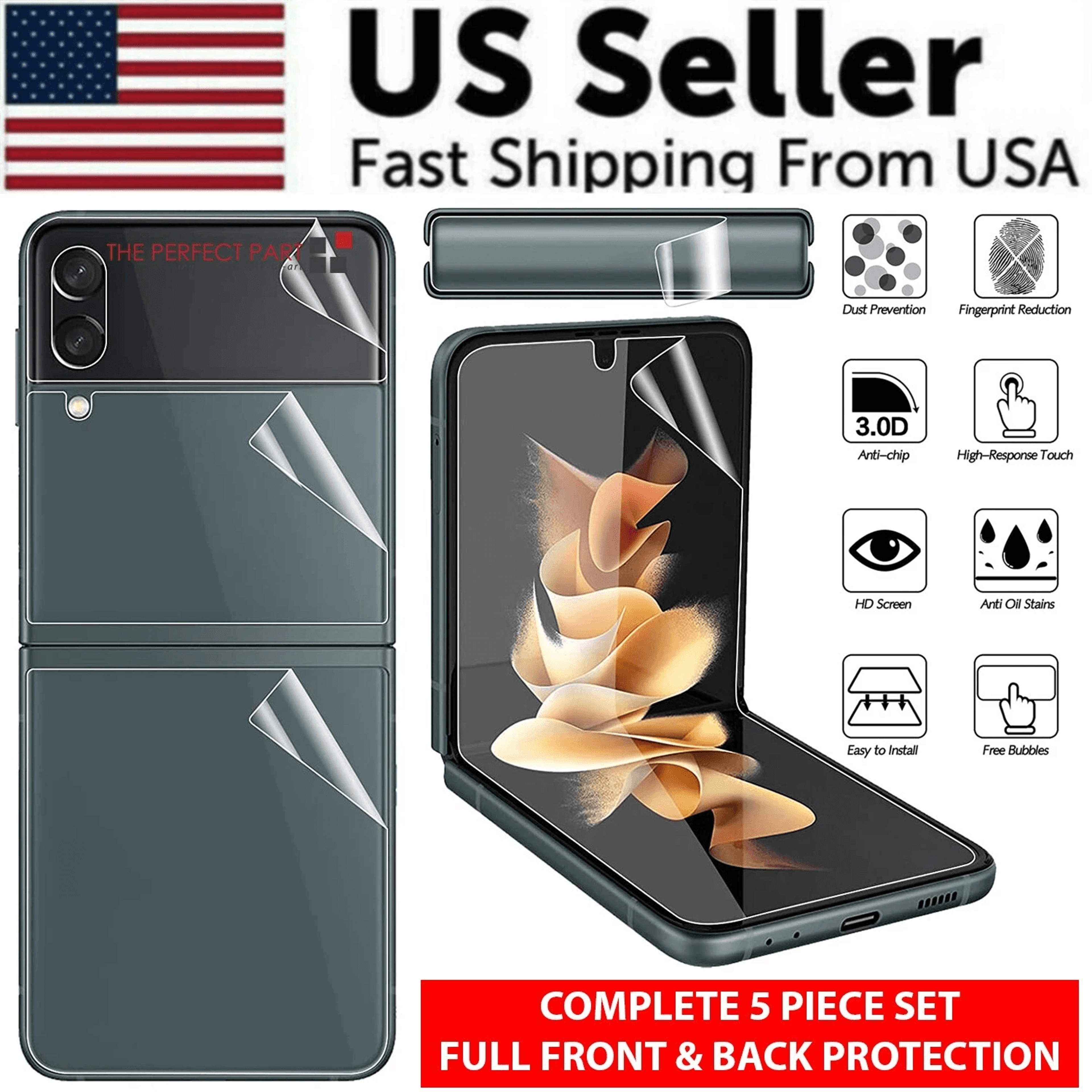 for samsung galaxy z flip 3 5g soft hydrogel screen protector film + hd lens cover full coverage anti-scratch tpu front