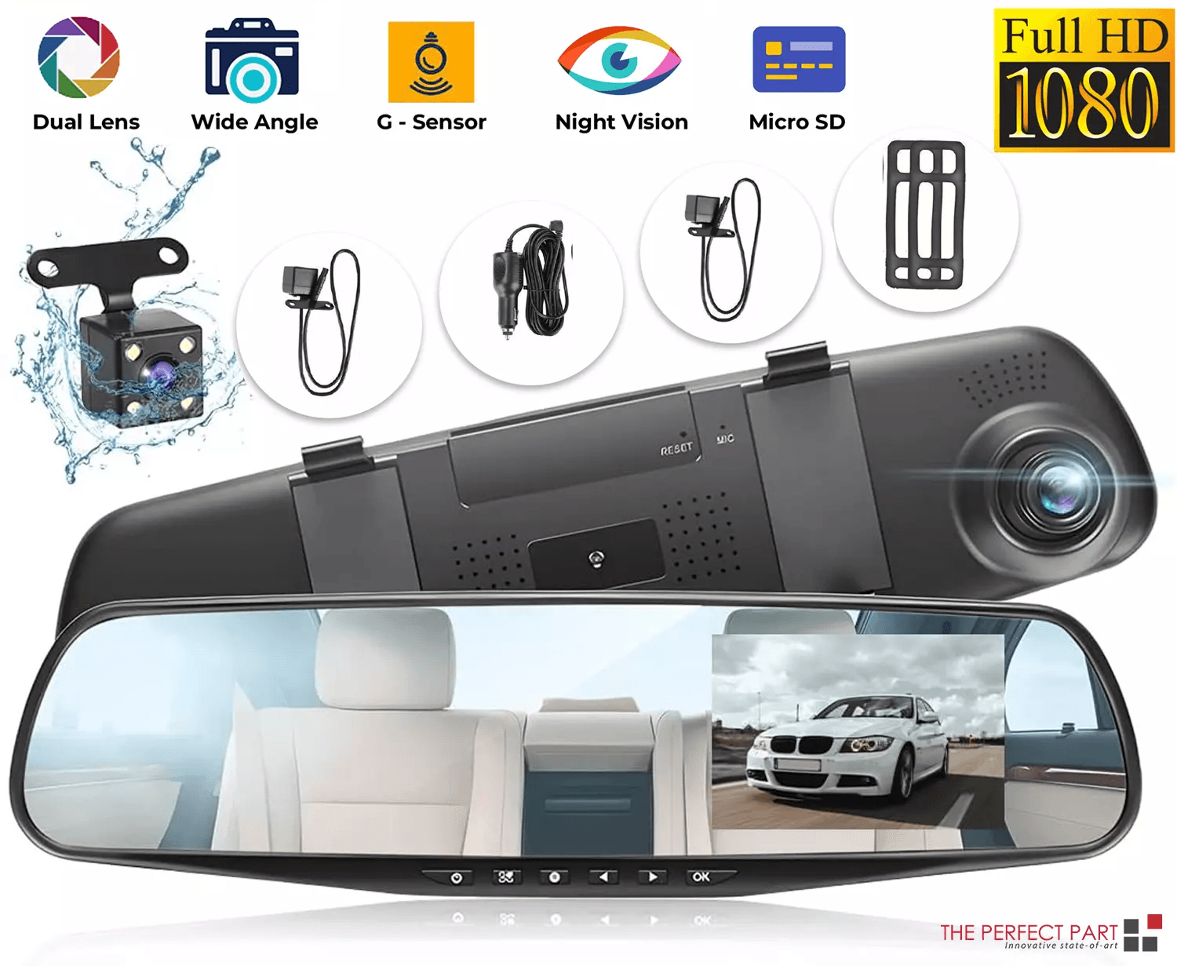 hd rearview mirror car dvr dual dash cam camera, front and rear video recorder with backup cam & parking monitor