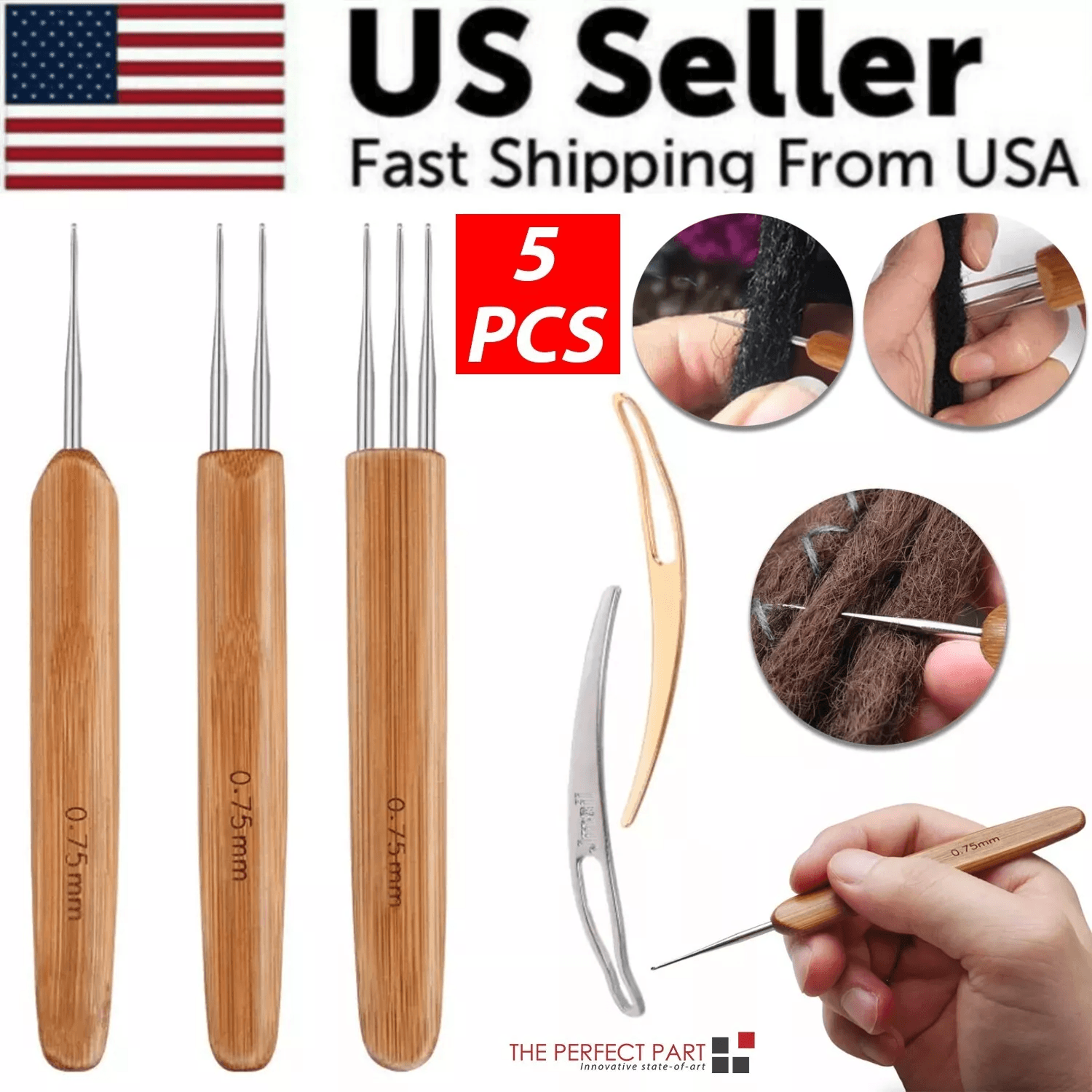 5pcs diy crochet needle hook set for dreadlocks – bamboo handle hair braiding & knitting tool for locs, wigs & braid mai