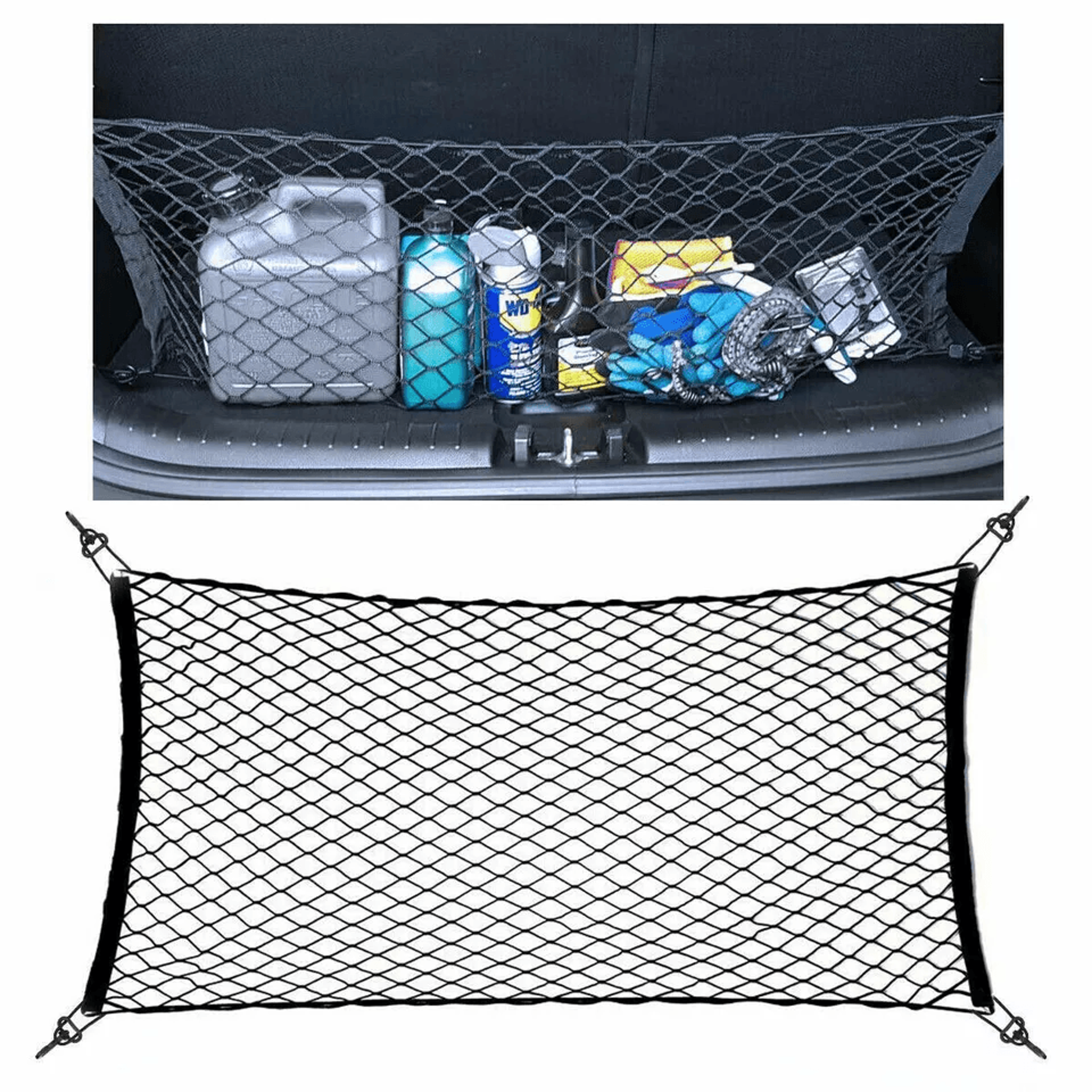 universal trunk cargo net mesh organizer for car suv truck rear, hook elastic nylon
