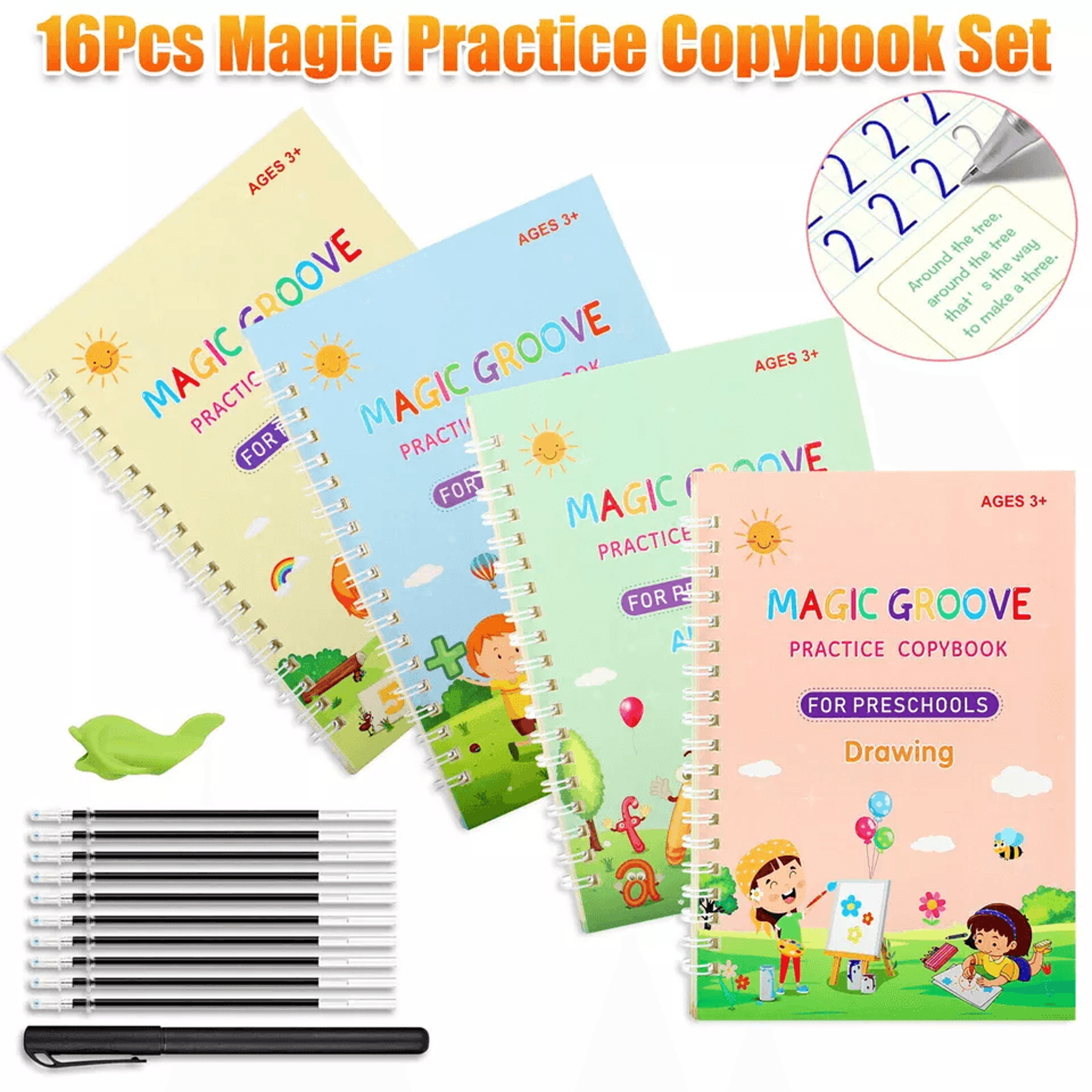 grooved magic practice copybook set for boys & girls, reusable handwriting book for english calligraphy & tracing
