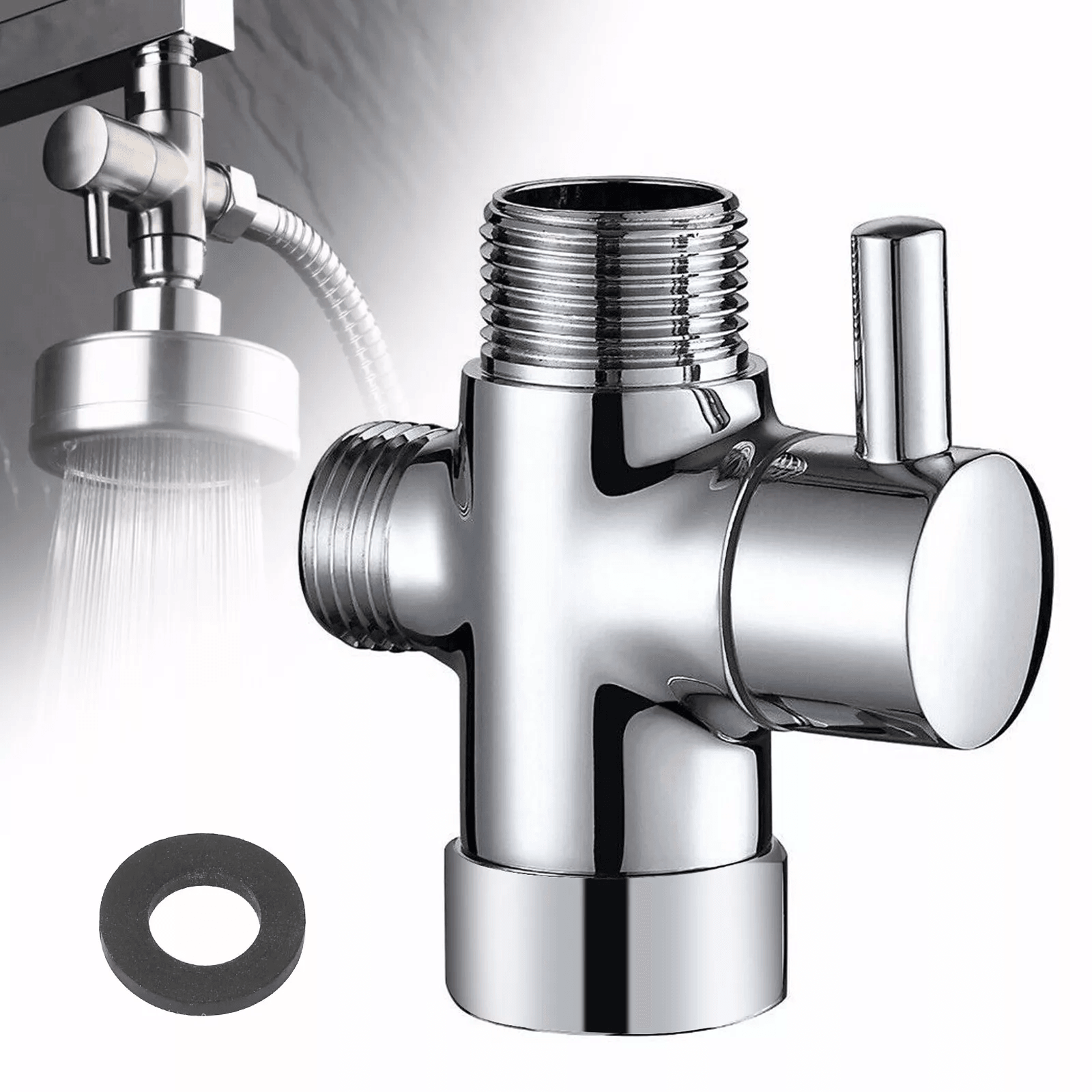 shower head diverter valve 3-way t-adapter with water splitter tap switch, universal connection for fixed & handheld