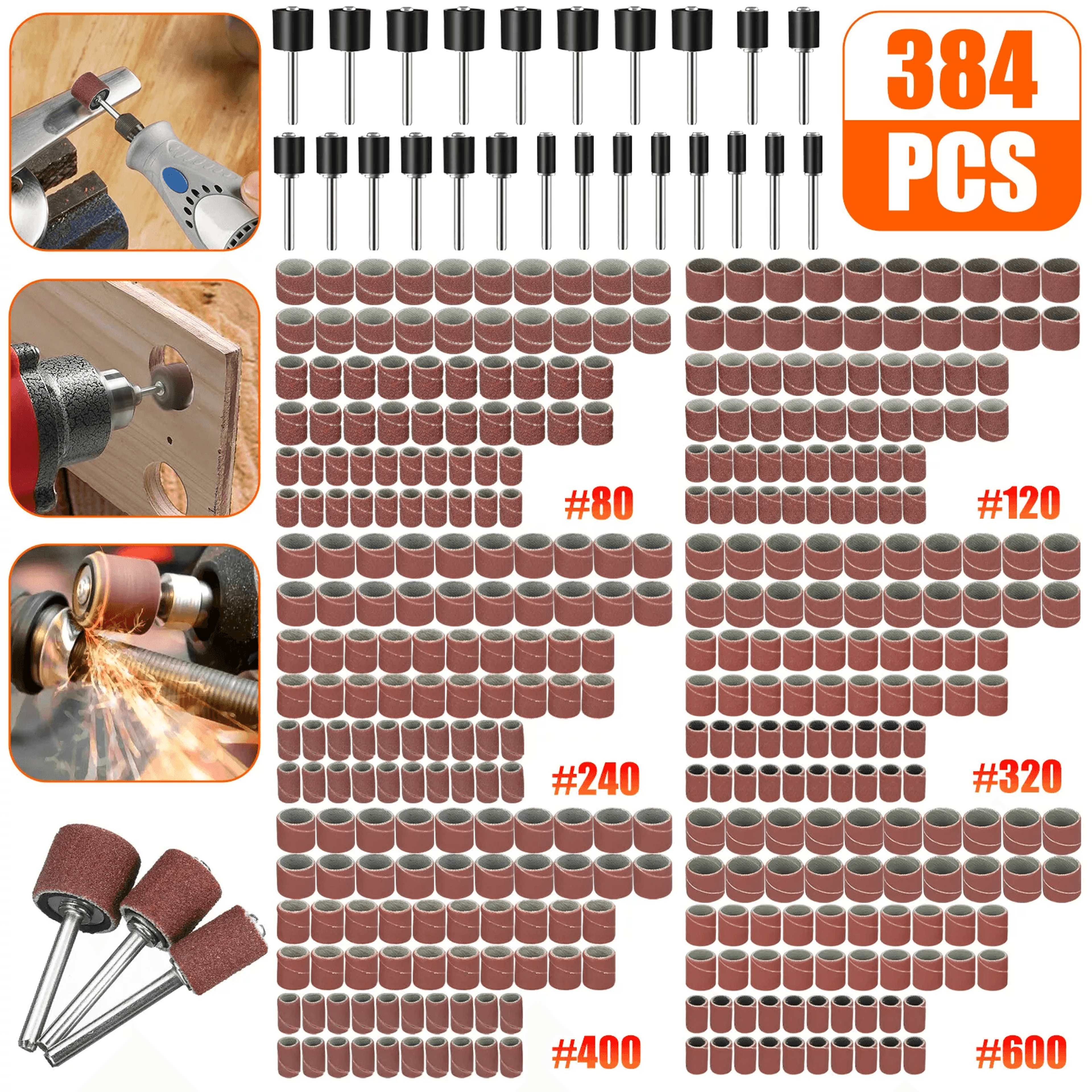 384pcs sanding drum kit for dremel rotary tool nail drill bits set with mandrels, polishing accessories for woodworking