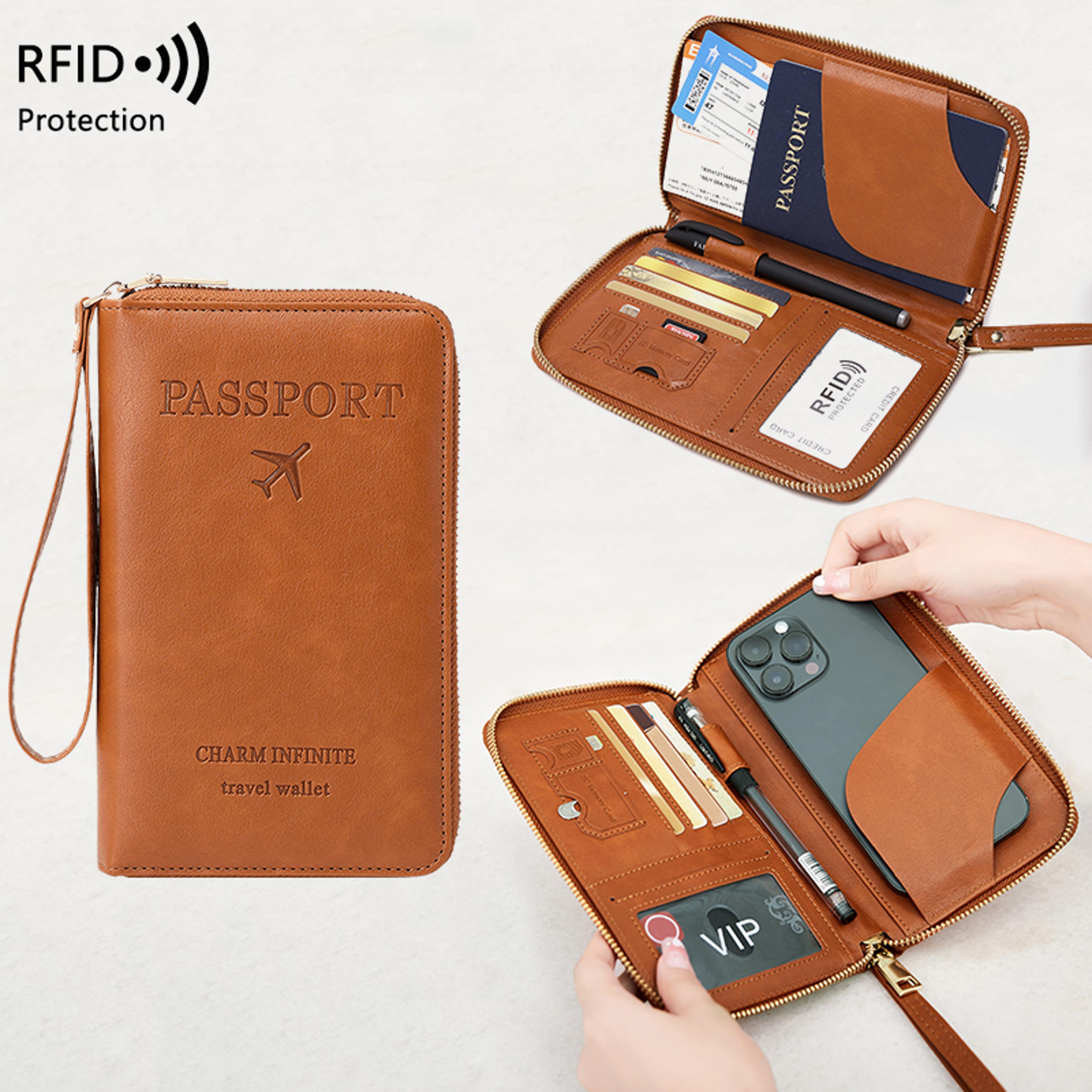 multifunctional blocking travel wallet, passport holder, ticket organizer, credit card zipper pouch with wrist strap