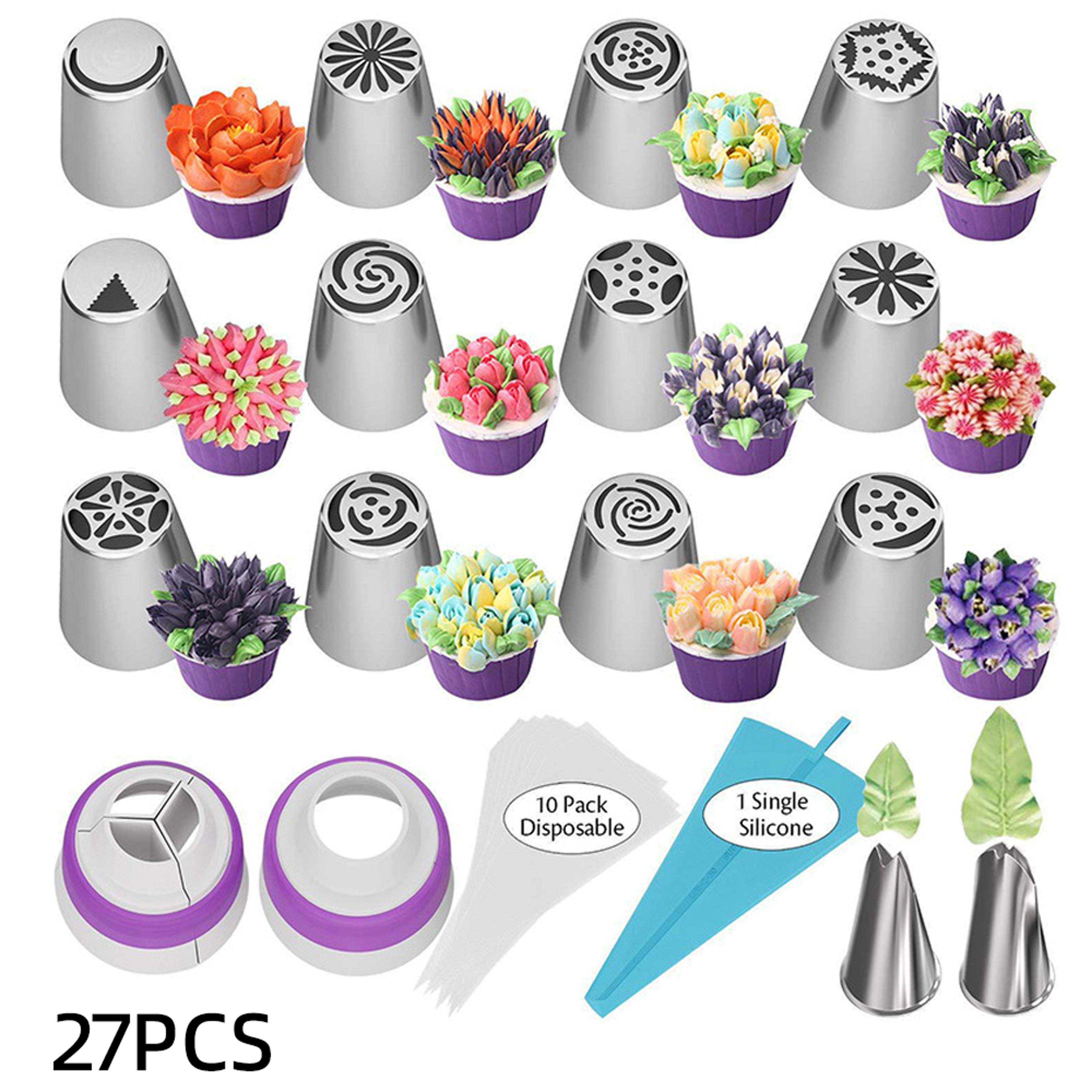 russian cake piping nozzles set stainless steel icing tips with disposable pastry bags for cupcake decorating and baking