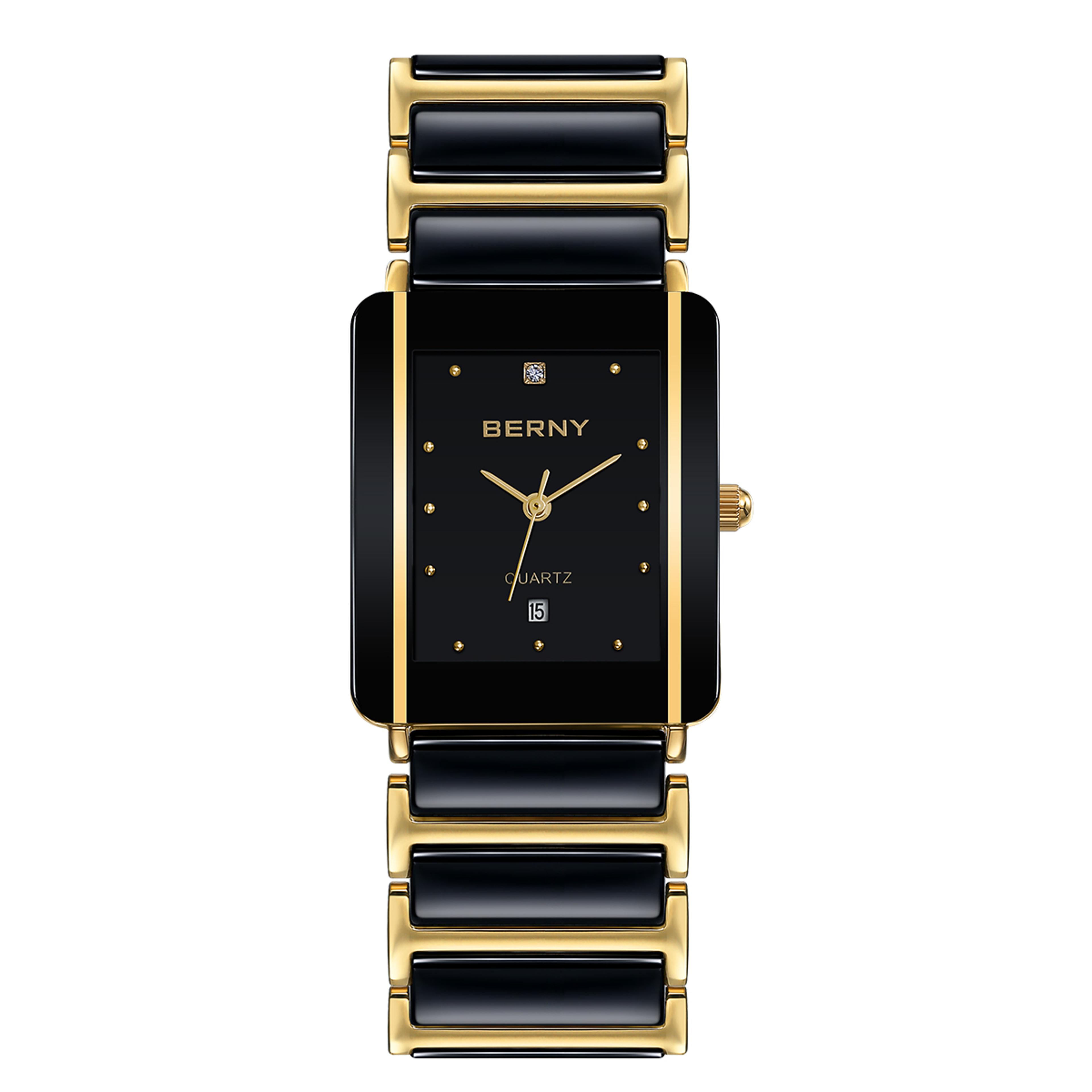 fashion luxury rectangle wristwatch for men and women, ceramic quartz watch, waterproof black gold couple gift