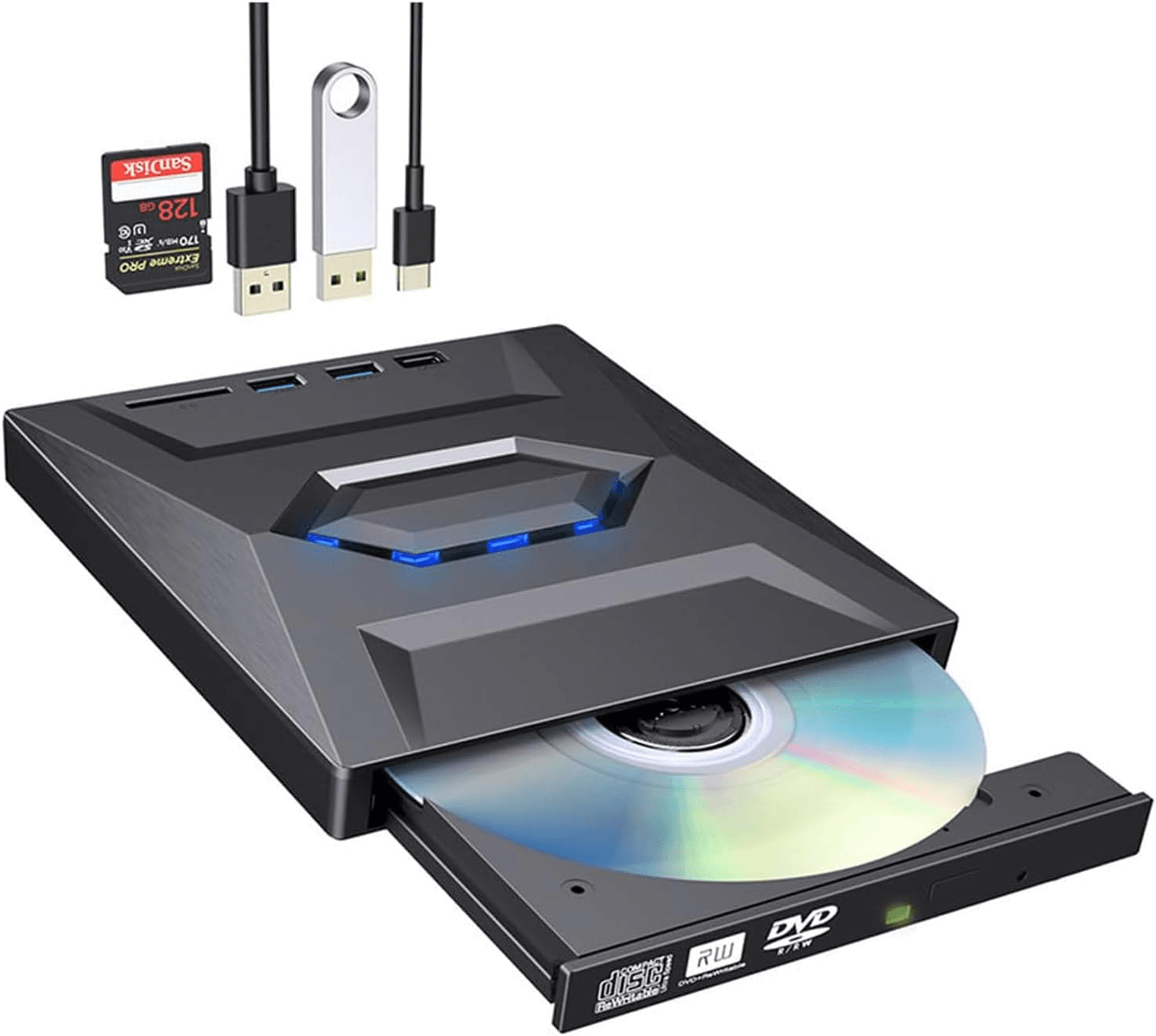 external cd dvd drive usb, writer burner player for pc laptop windows mac, portable optical drive with sd/usb hub
