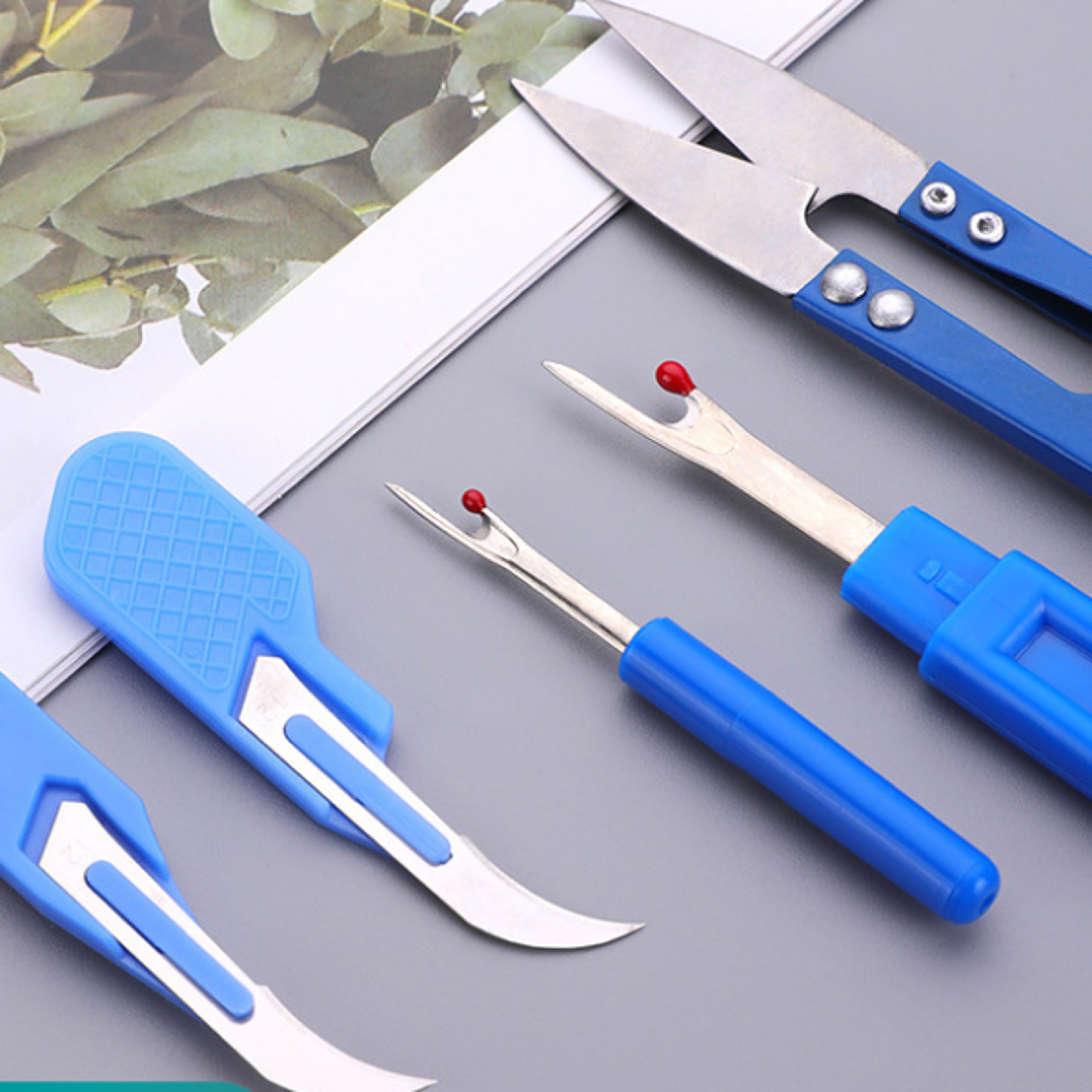 blue precision seam ripper kit with embroidery scissors & thread remover tool set