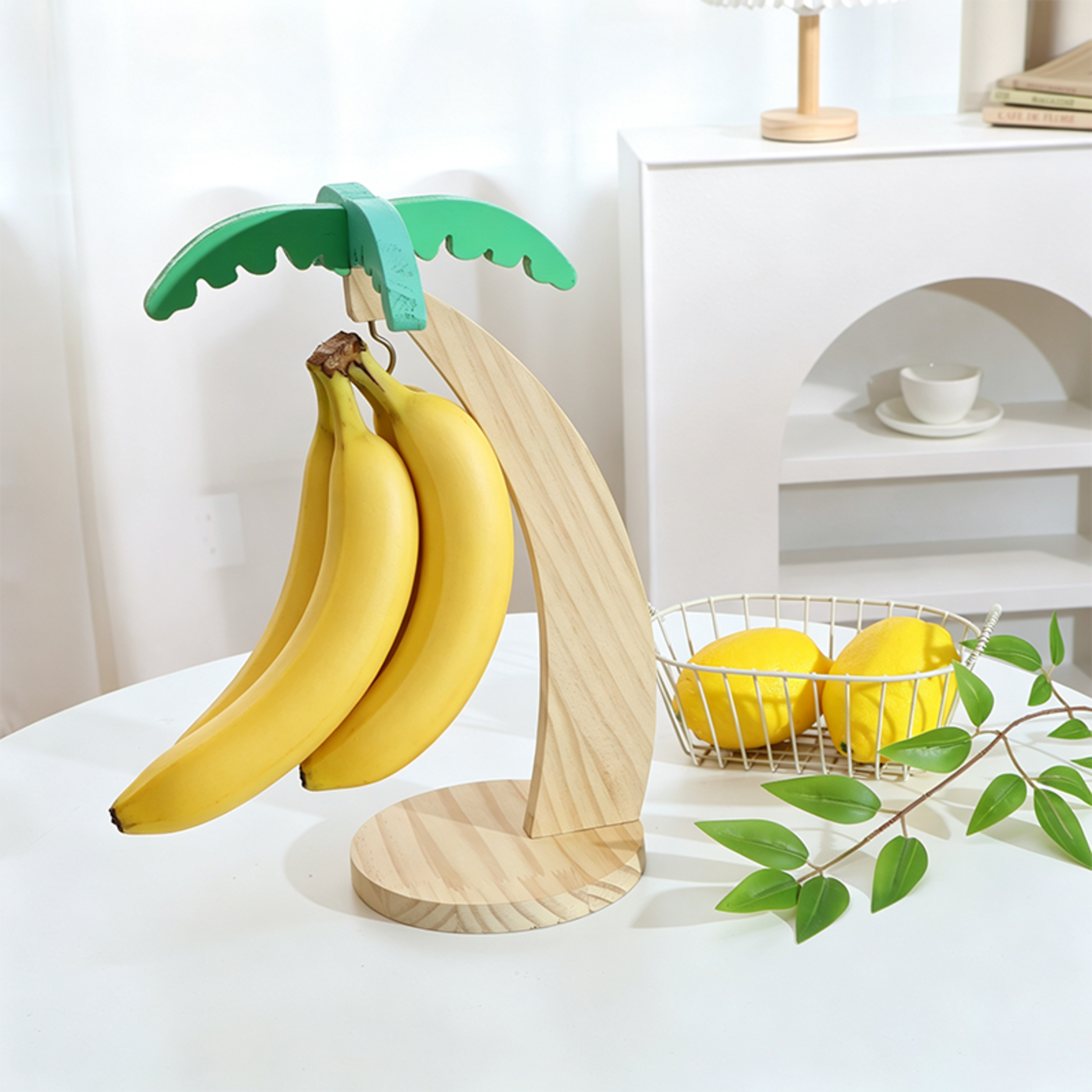 wooden banana hanger stand with hook and decorative leaf