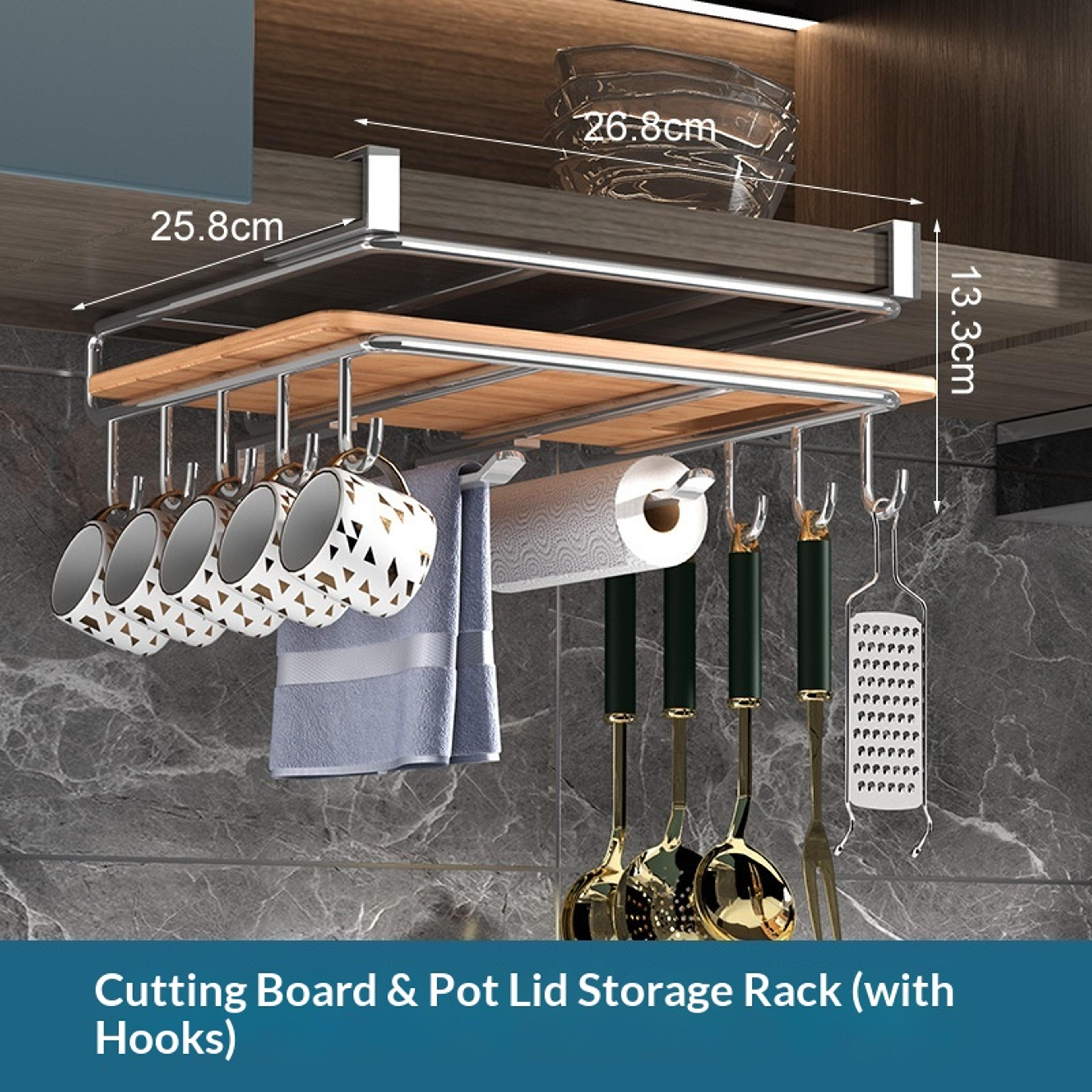 Under Cabinet Kitchen Organizer Rack With Paper Towel Holder And Hooks 7