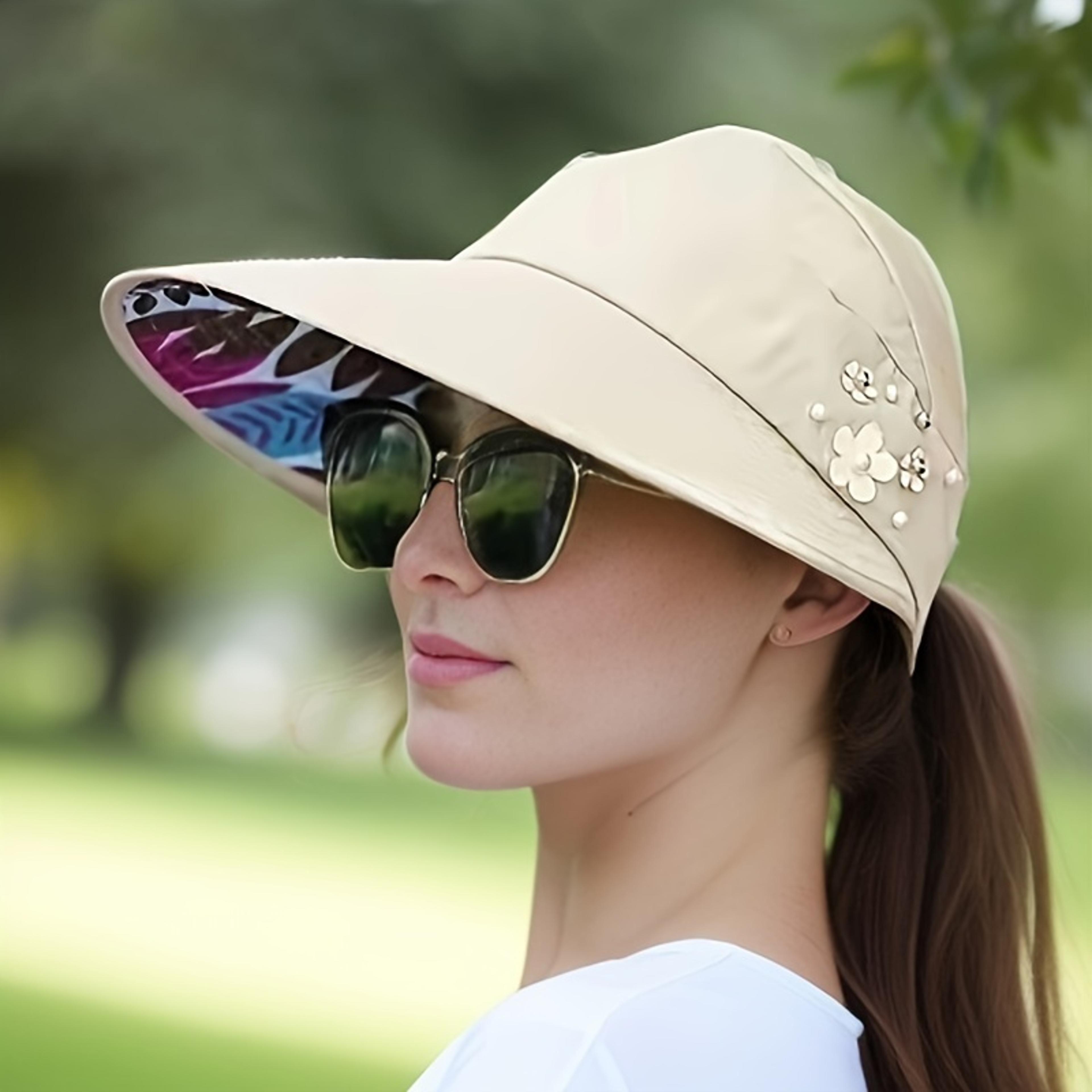 beaded flower decor visor hats trendy solid color summer sun hat foldable uv protection visors for women girls outdoor