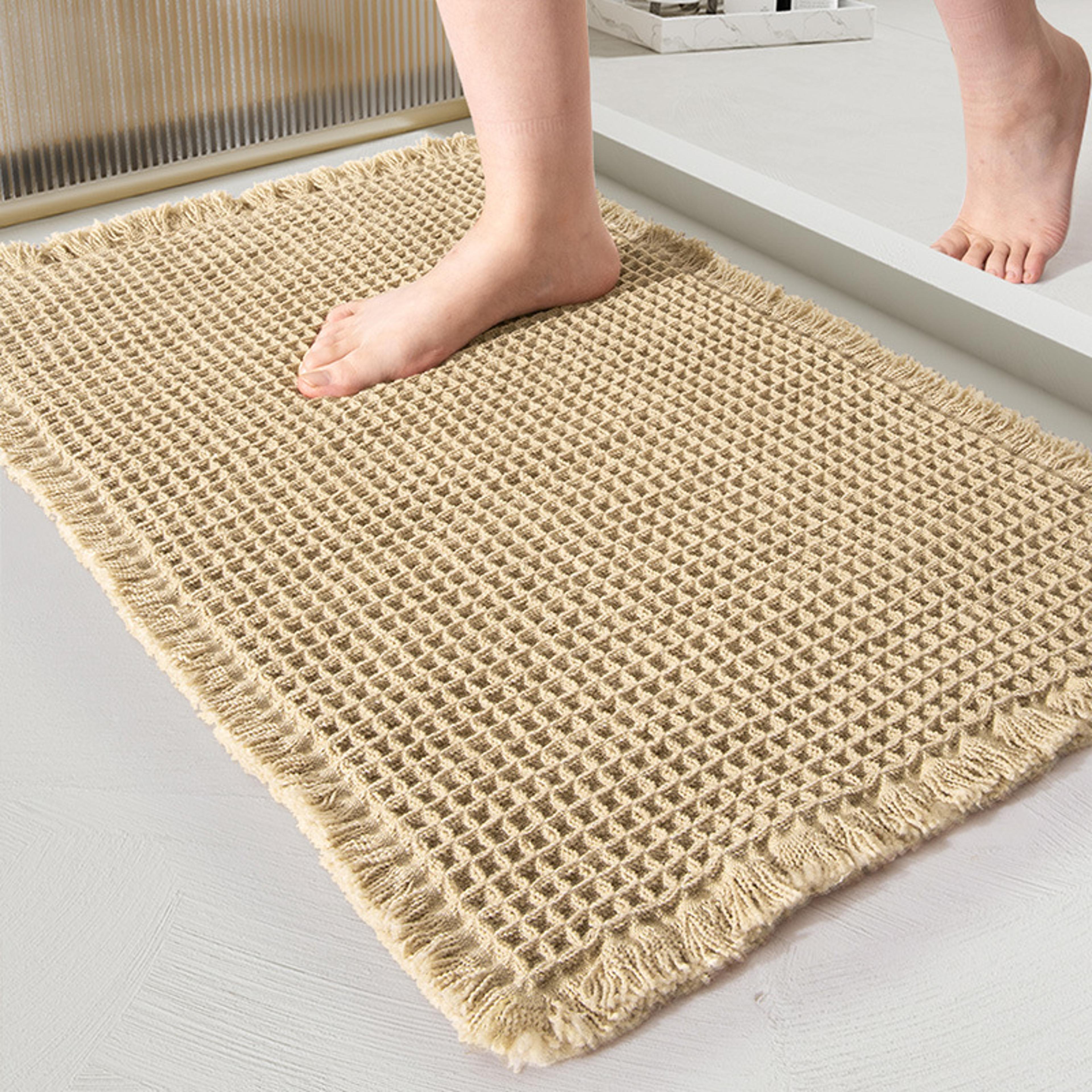 absorbent woven bathroom mat, super soft anti-slip toilet floor mat for bathroom, shower, and entrance door
