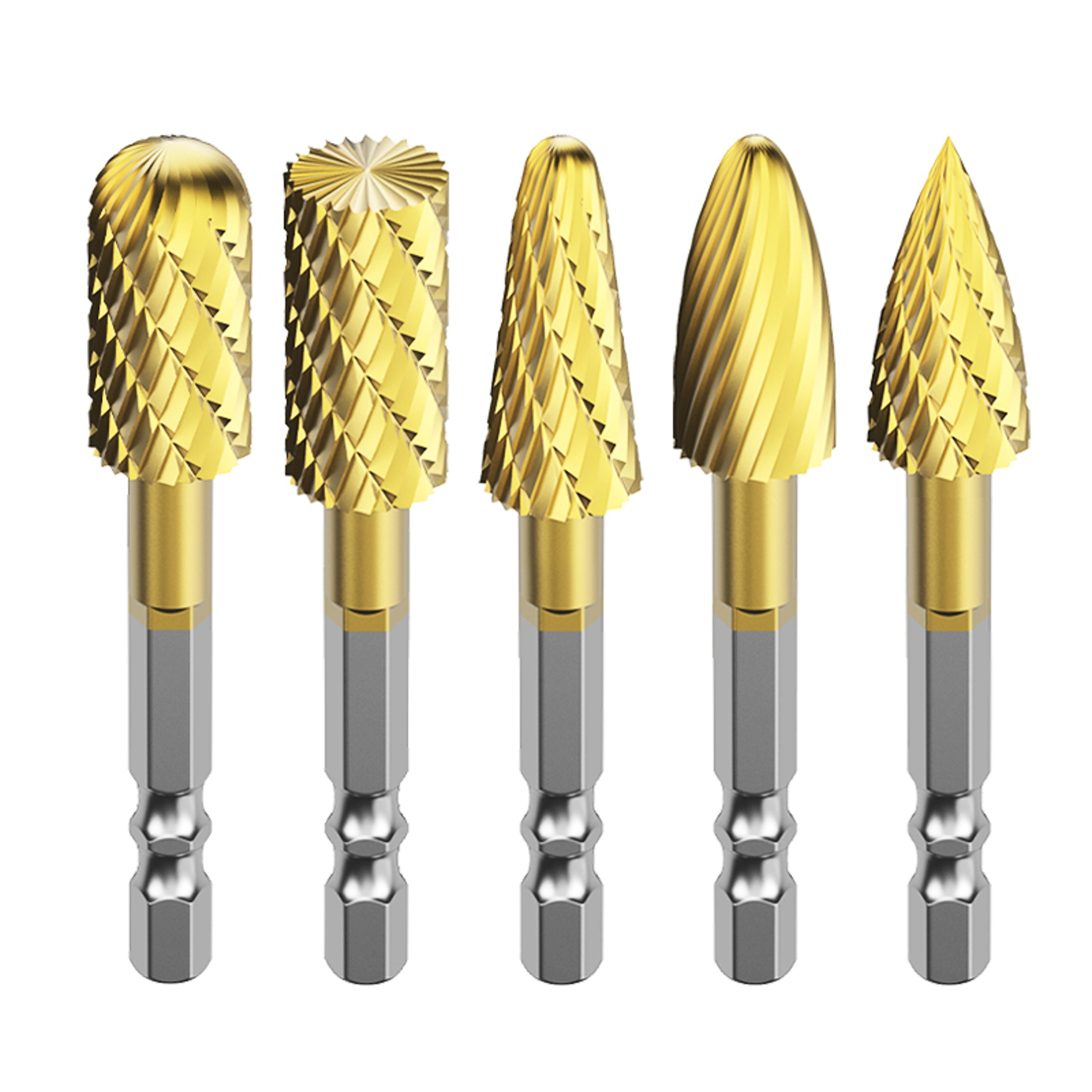 professional rotary file set with hexagon shank, titanium coated carbide burrs for metal grinding, wood carving