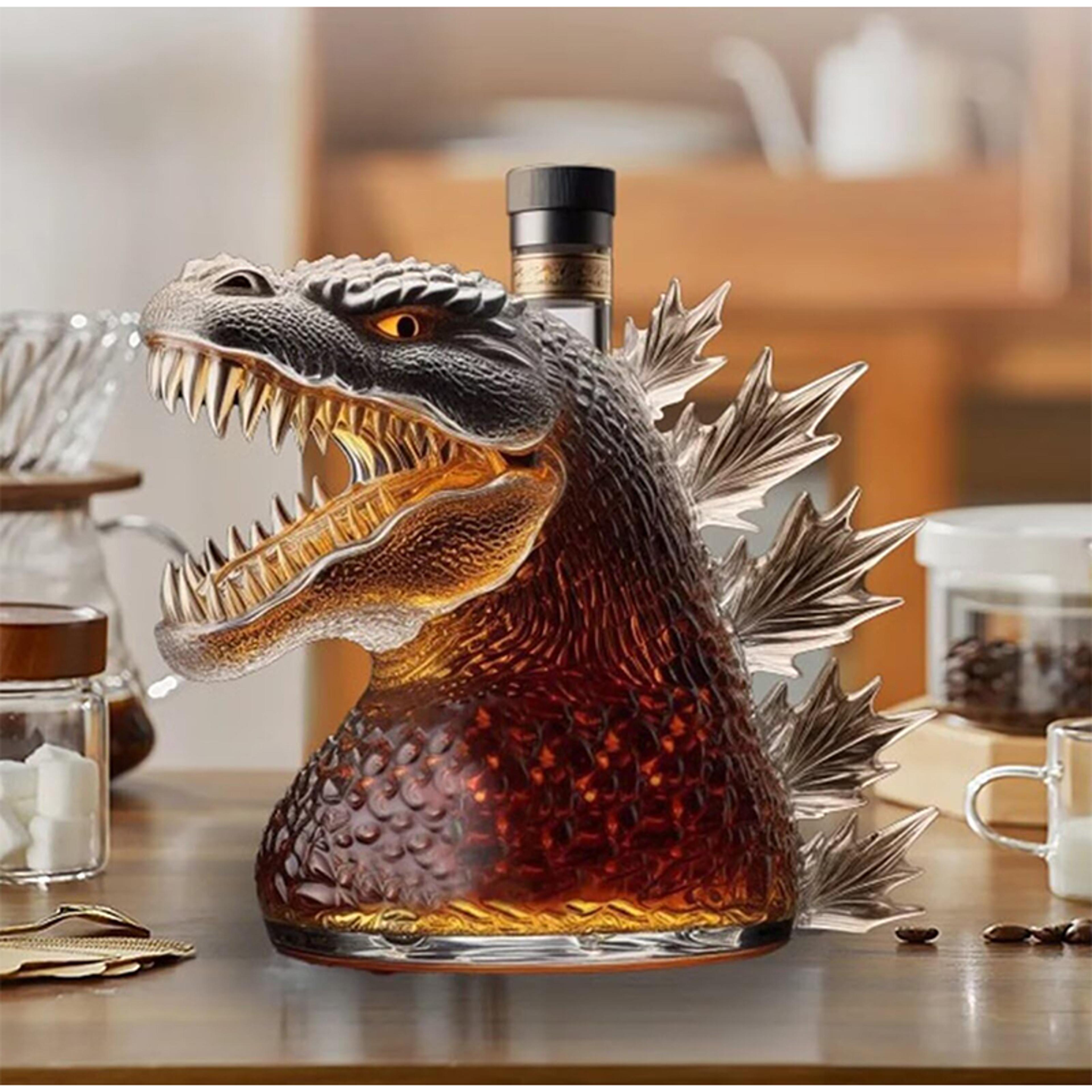 330ml whiskey decanter bottle, walking dinosaur monster art statue glass container, unique holiday gift for fathers