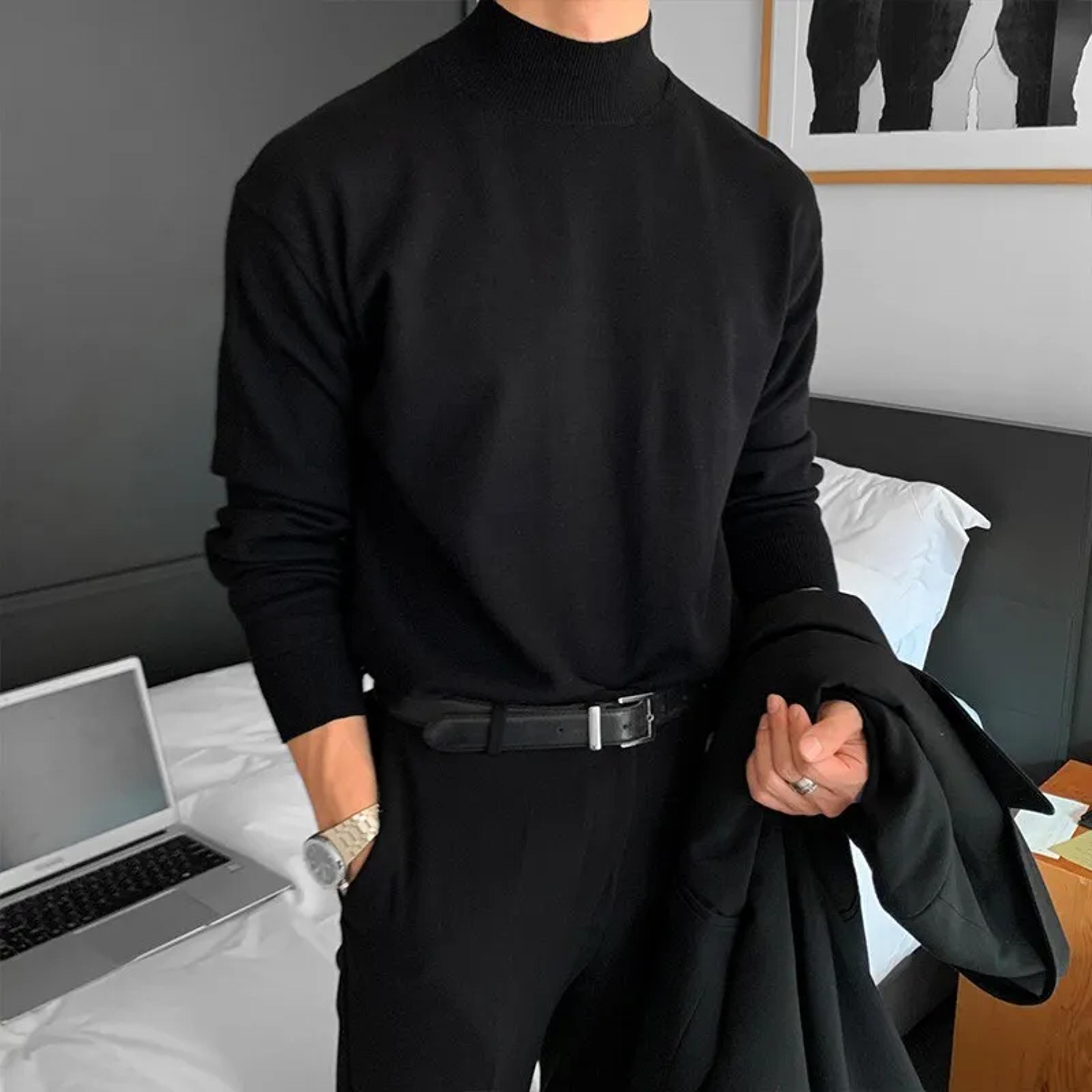 men's sweater, half polo turtle neck, loose fit knit top, autumn winter base layer