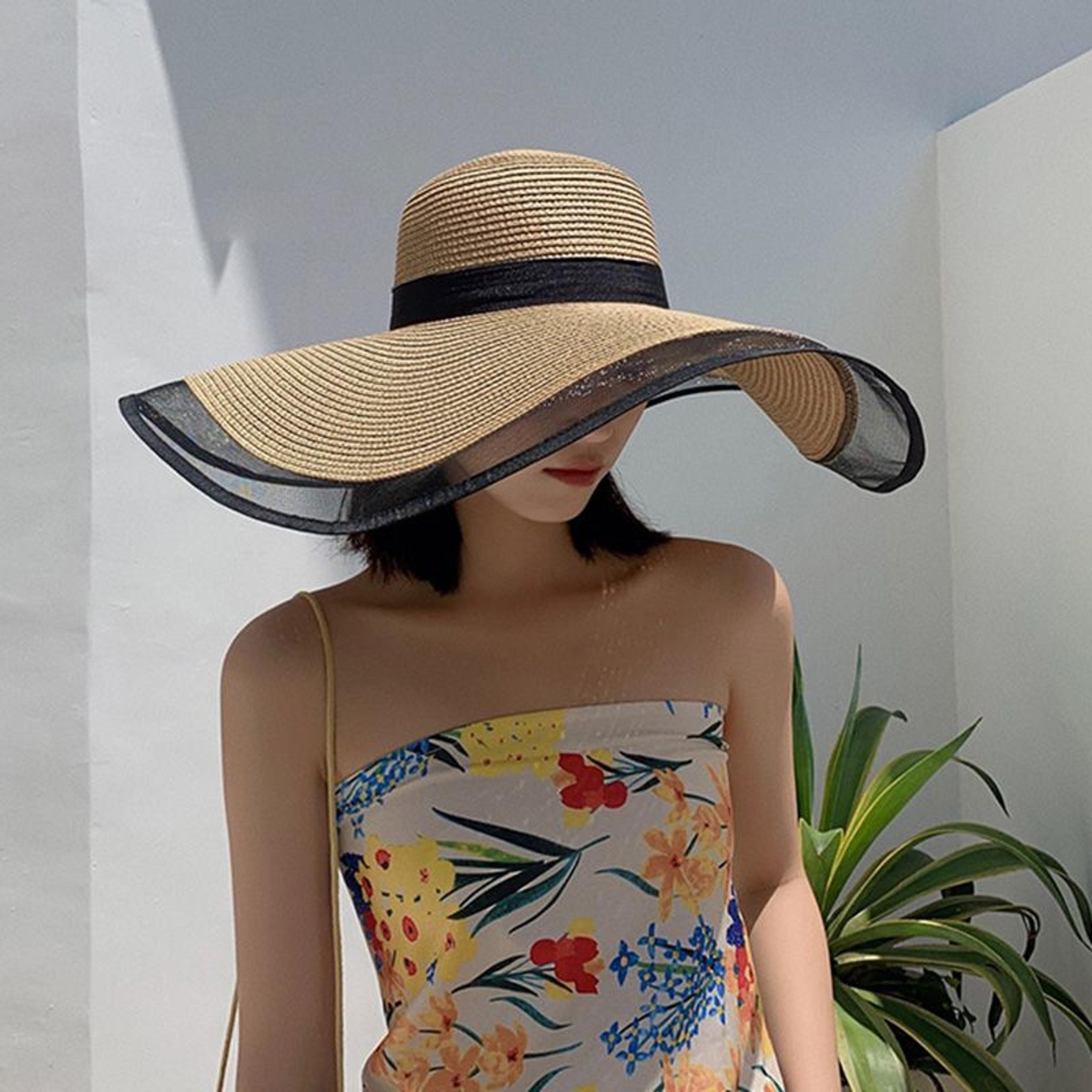 women big brim sun hat foldable straw beach hat with uv protection, vintage waves design
