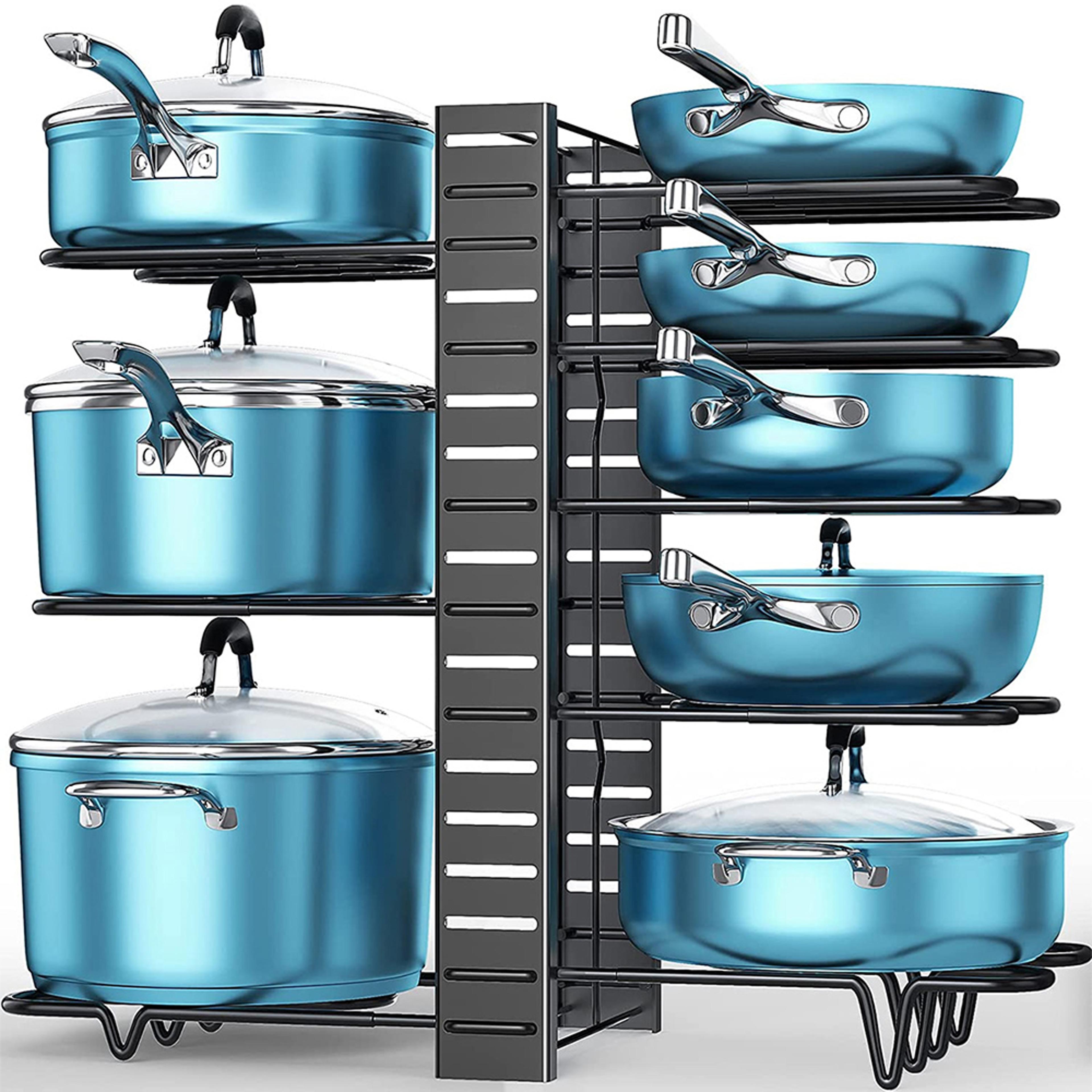 8-tier adjustable pan and pot organizer rack, versatile kitchen cabinet storage solution