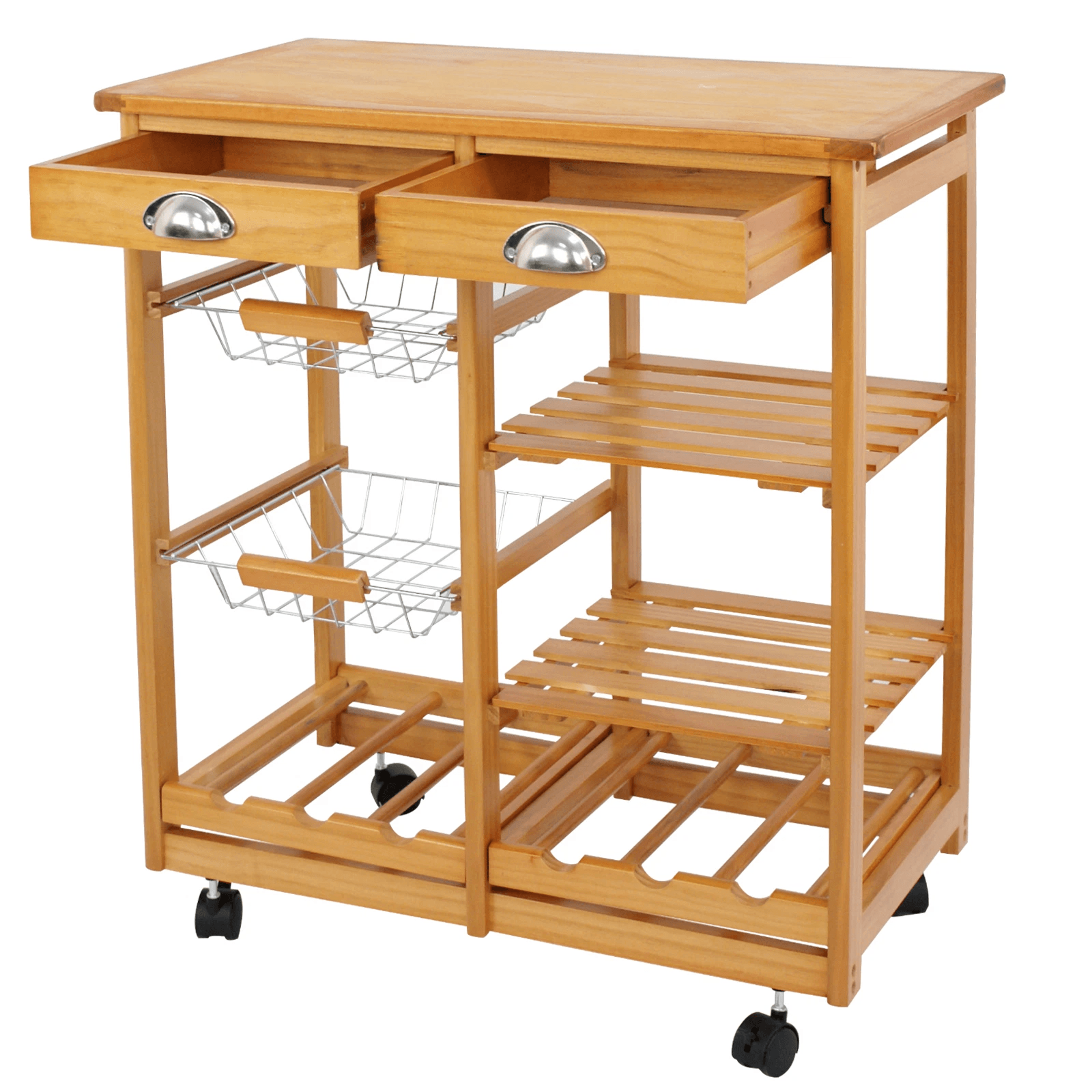 rolling wood kitchen island trolley cart with dining storage drawers, durable pine wood stand with wine rack & hooks