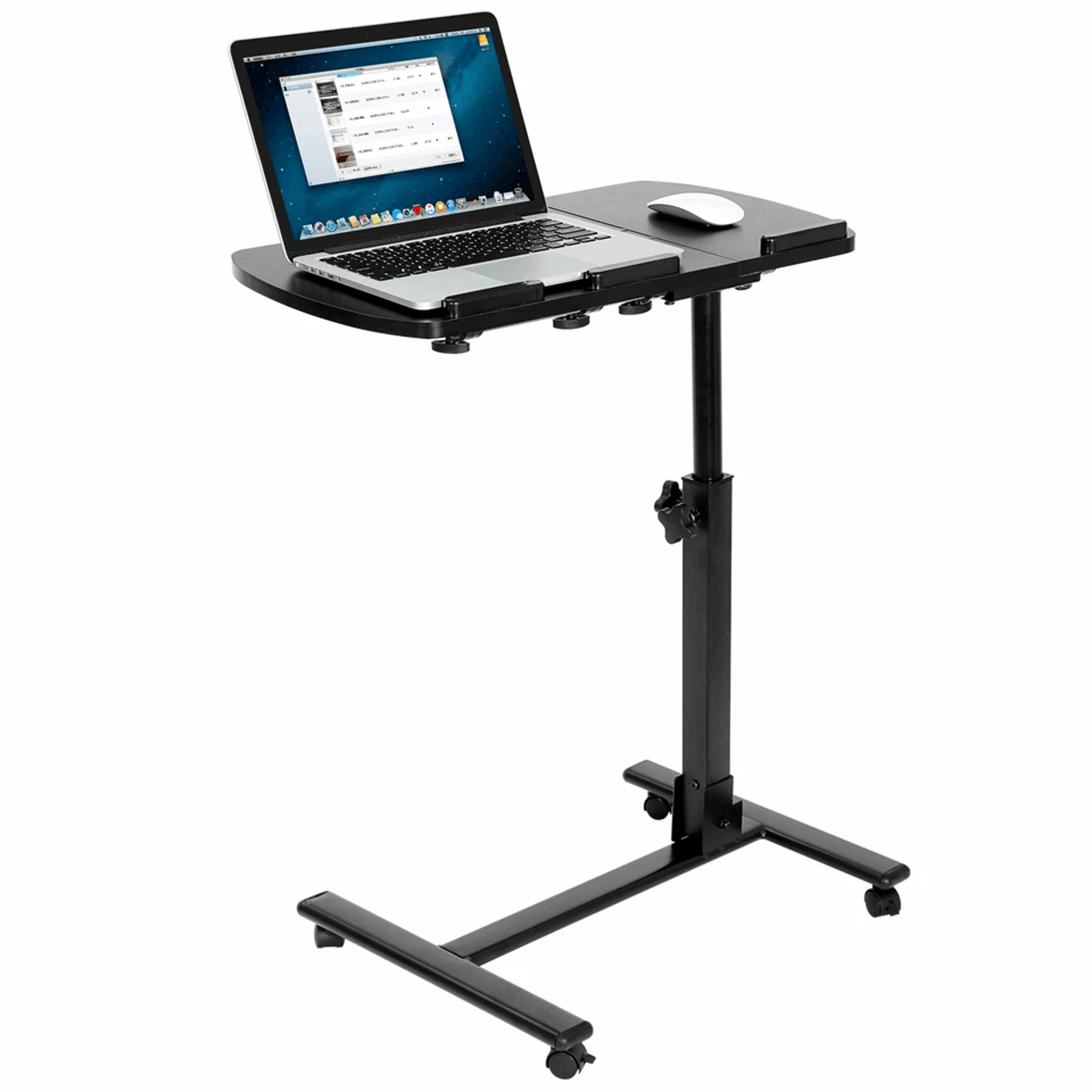 adjustable laptop notebook rolling table desk stand, overbed tiltable tabletop with casters