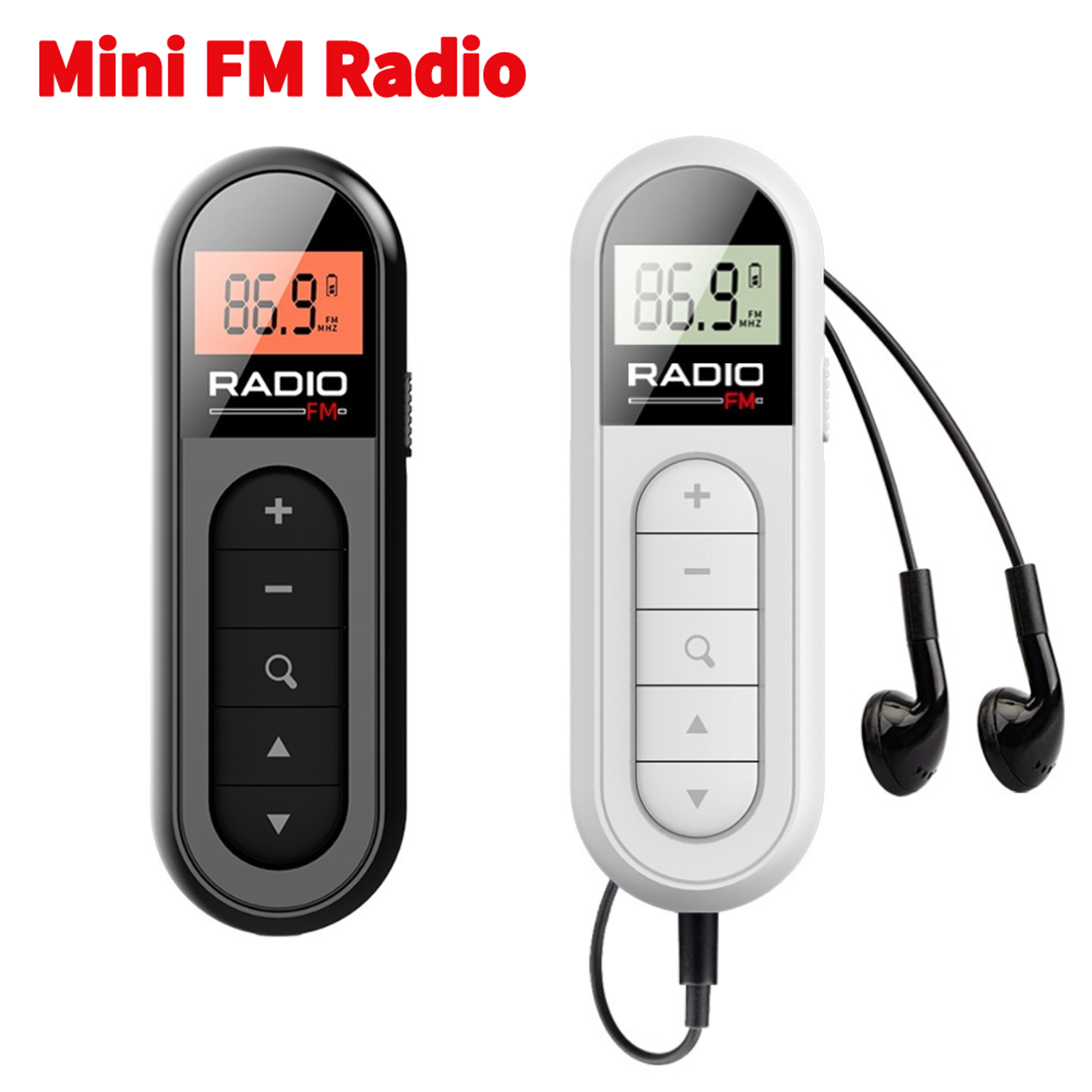 mini fm radio backlight lcd pocket clip radio with headphones, lightweight personal walkman for walk, run, travel