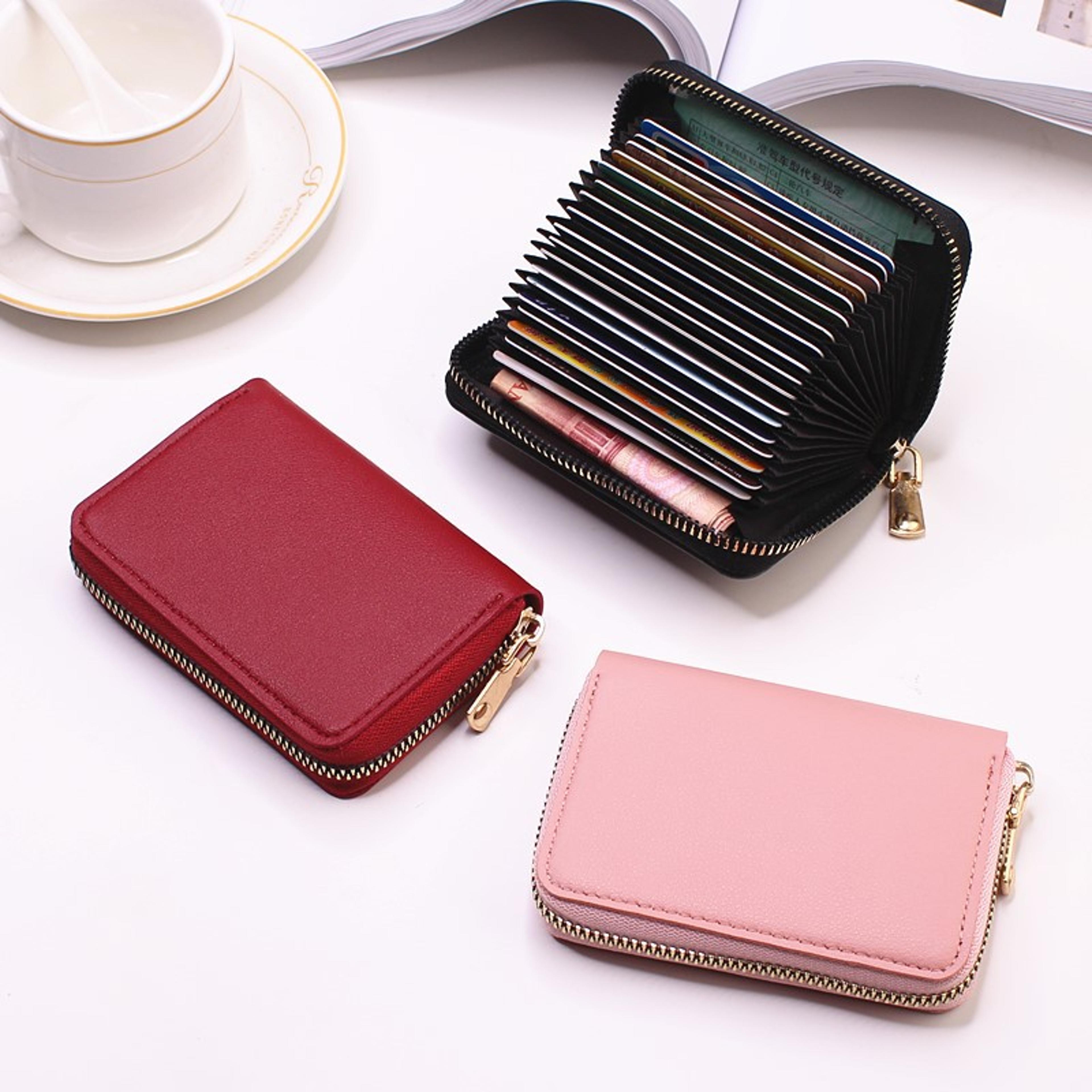 pu leather business card holder wallet, gray credit card case for men women, 9 slot id organizer coin purse