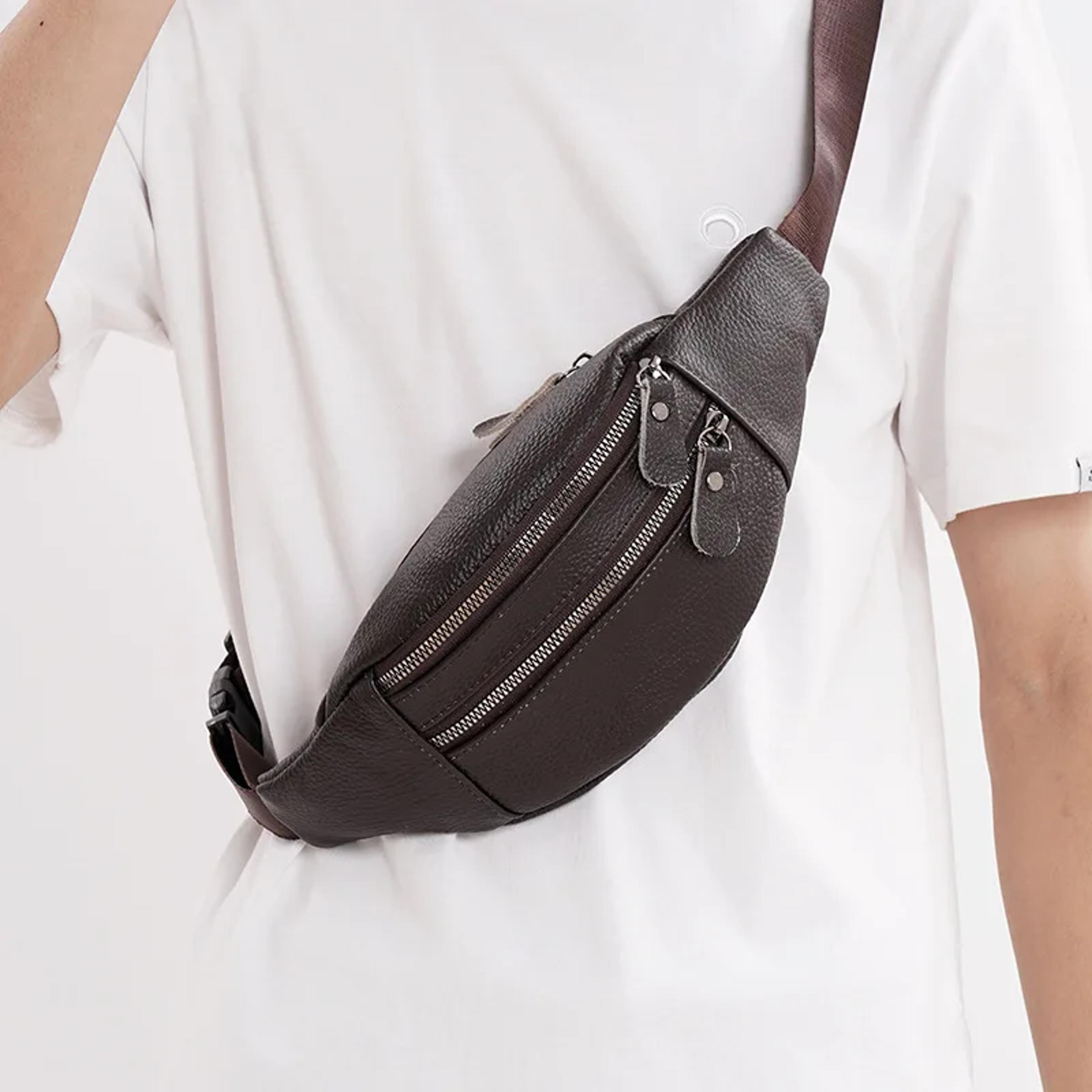 Mens Genuine Leather Sling Chest Bag With Double Zipper 4