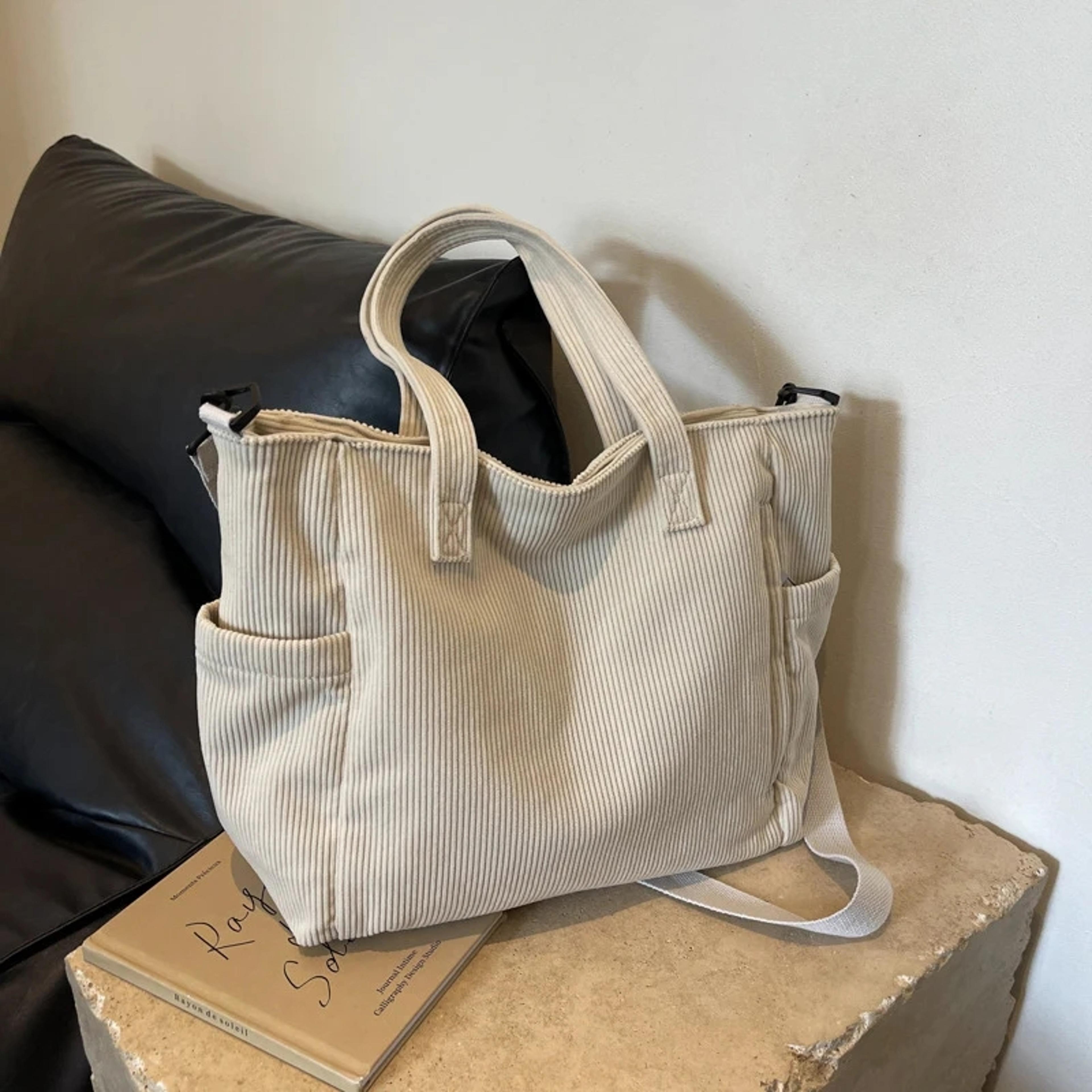 Fashionable Striped Velvet Tote Bag Large Capacity Corduroy Shoulder Bag For Women 5