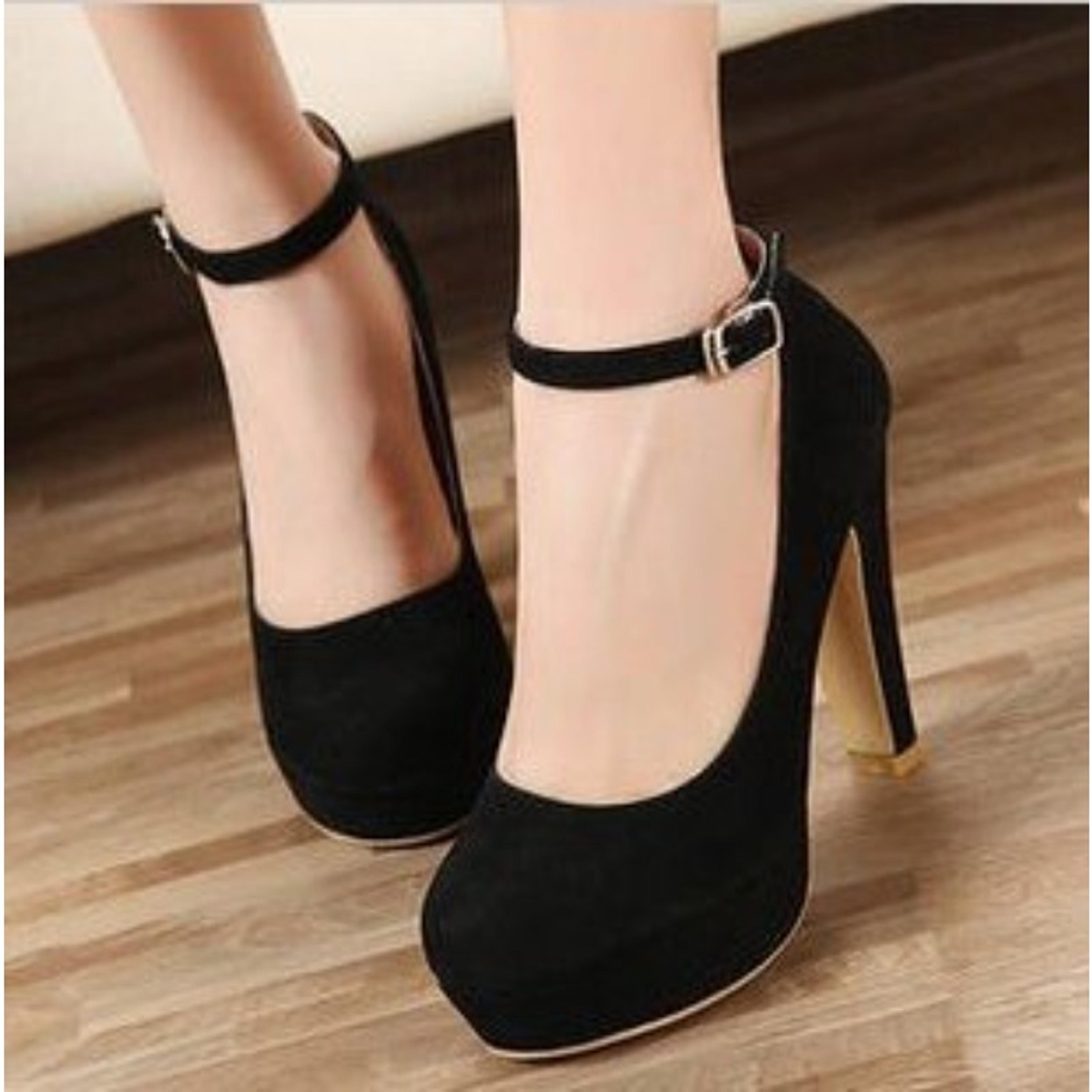 womens sexy super high heels, black flock chunky platform pumps with ankle buckle square heel for fashion party style