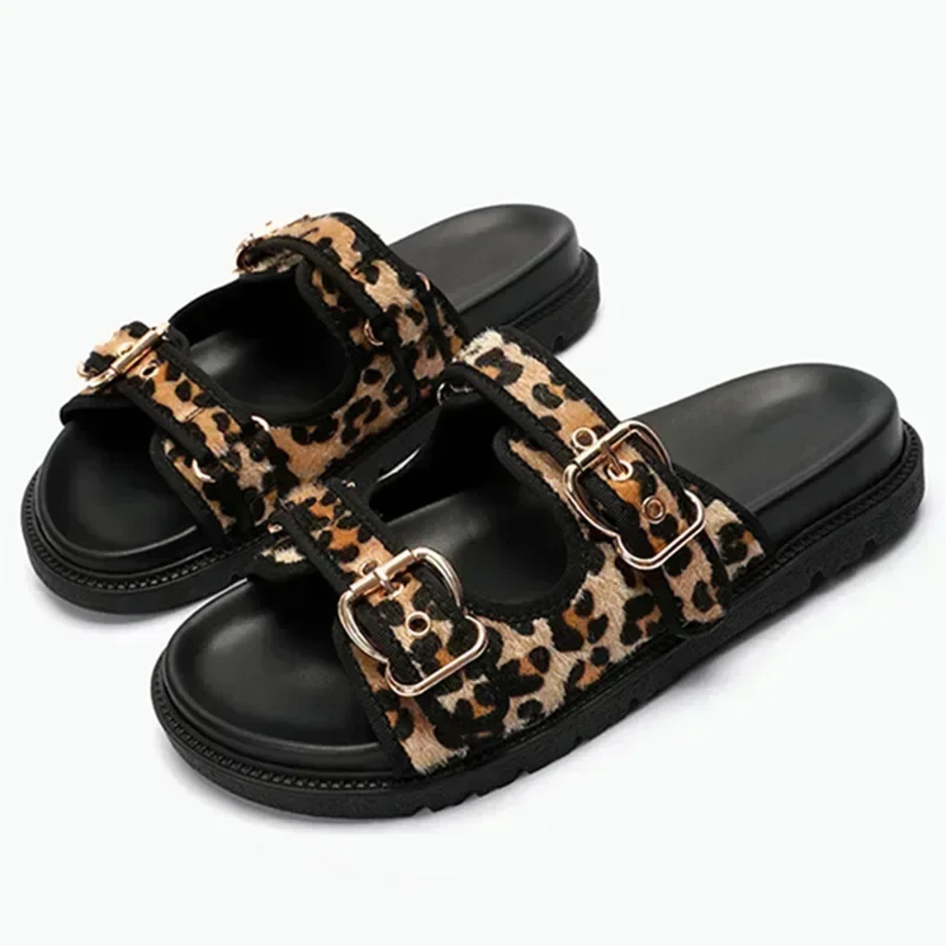 luxury leopard metal buckle women slippers, high quality sexy comfort non slip slide sandals & summer platform flip flop