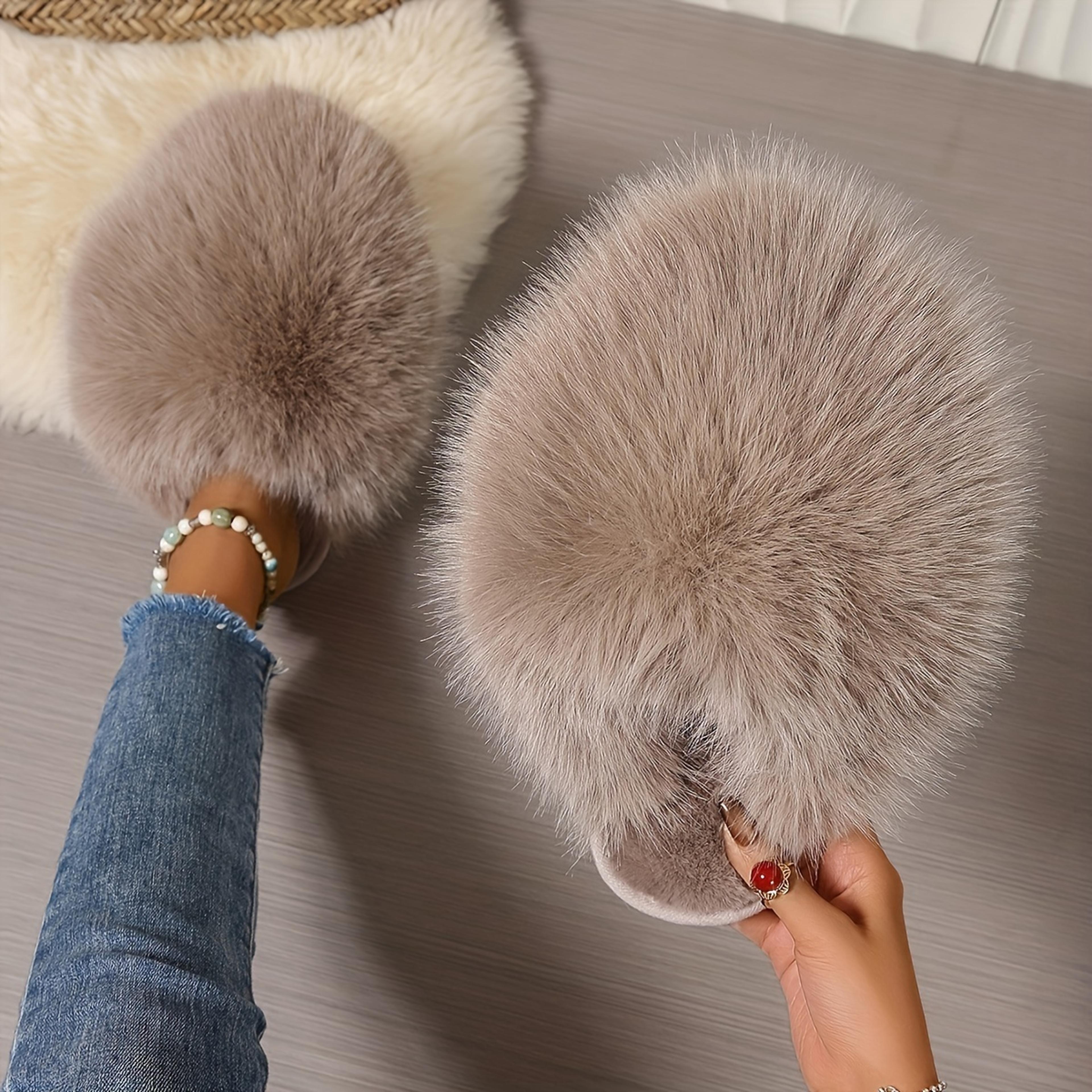Korean Style Faux Fur Slippers For Women Pure Color Warm House Shoes Indoor Outdoor Flat Non Slip C 10