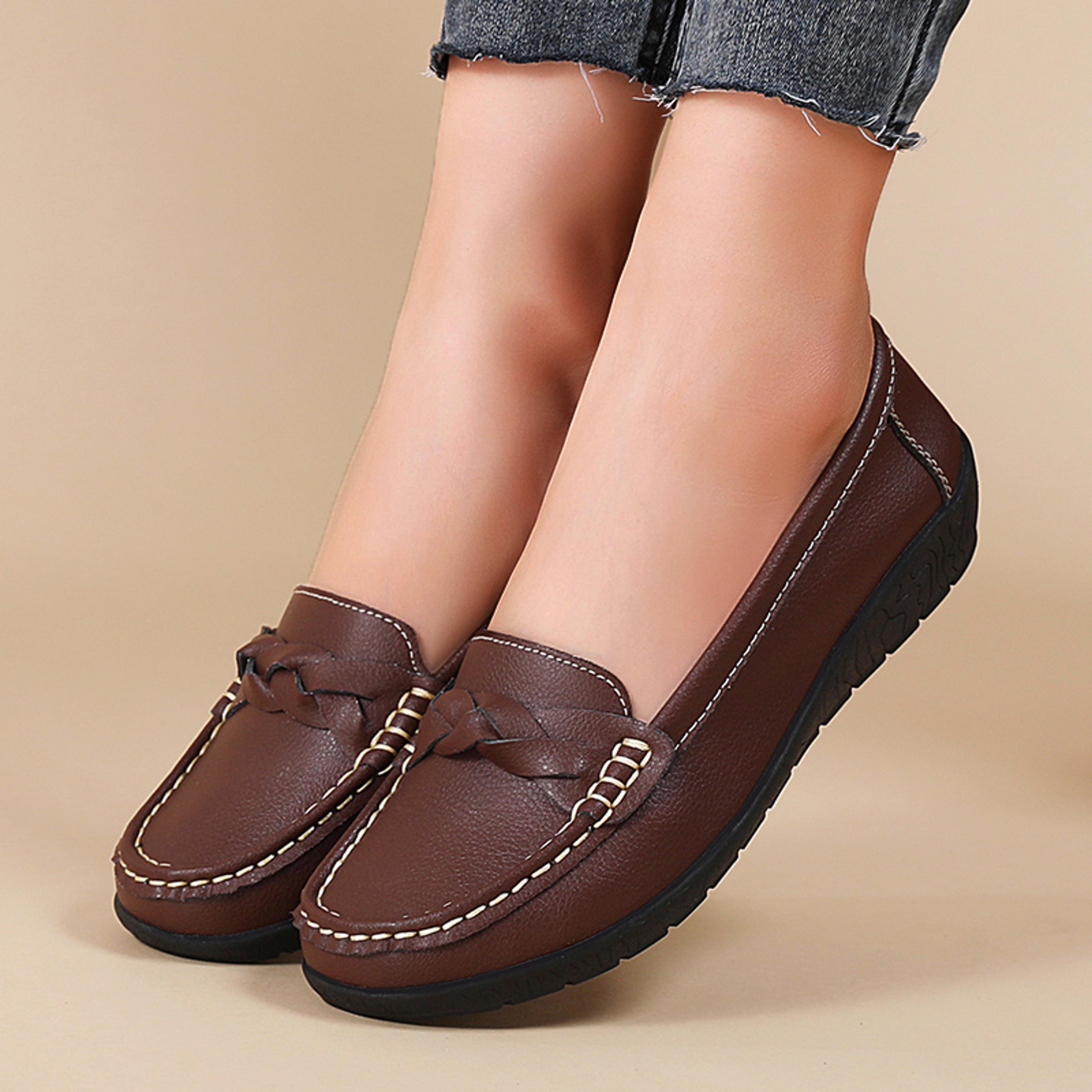 fashion wedge leather flats, women slip on comfortable shoes, nurse moccasins, outdoor plus size casual