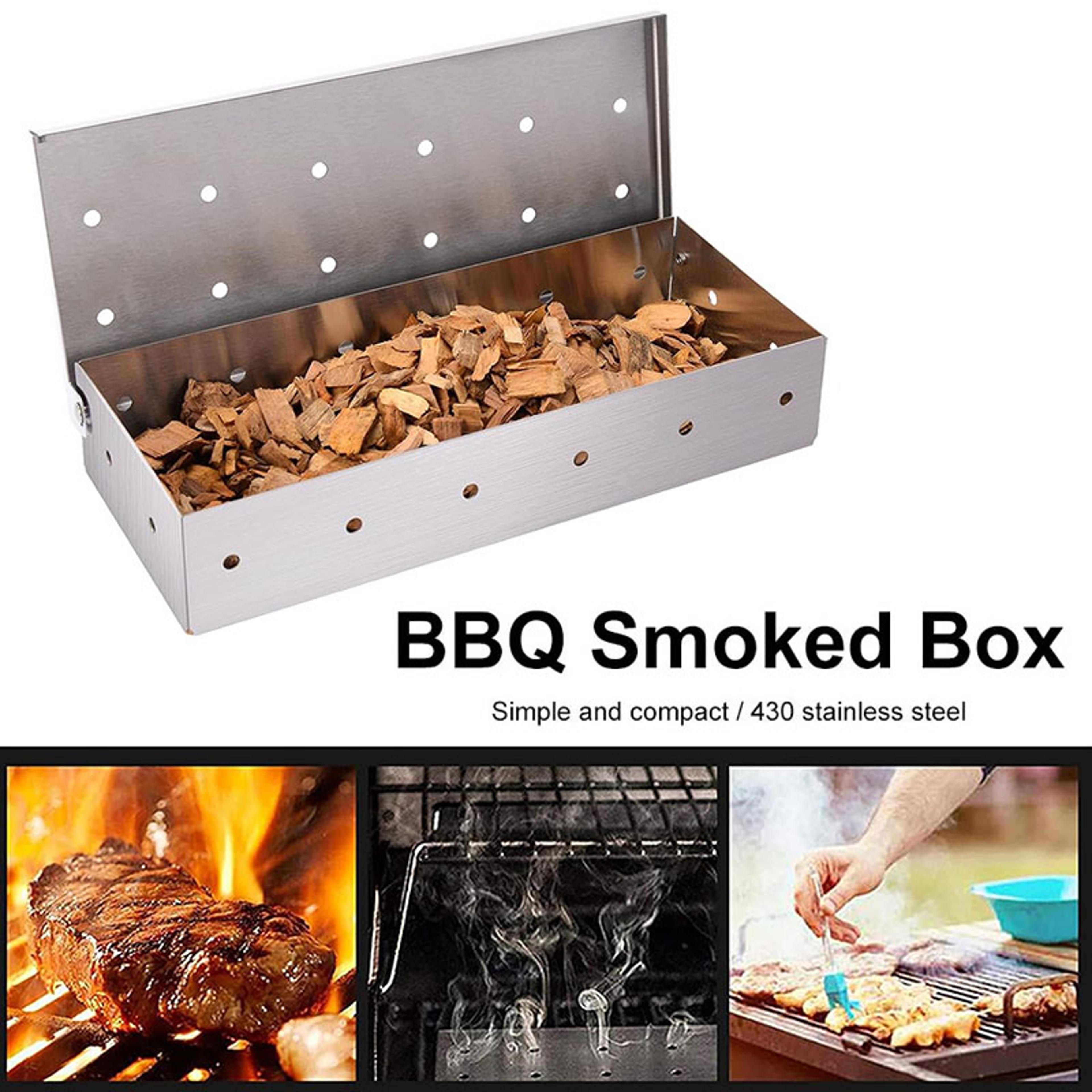 smoker box for wood chips, stainless steel bbq grilling accessories, wont warp on gas grill or charcoal grill