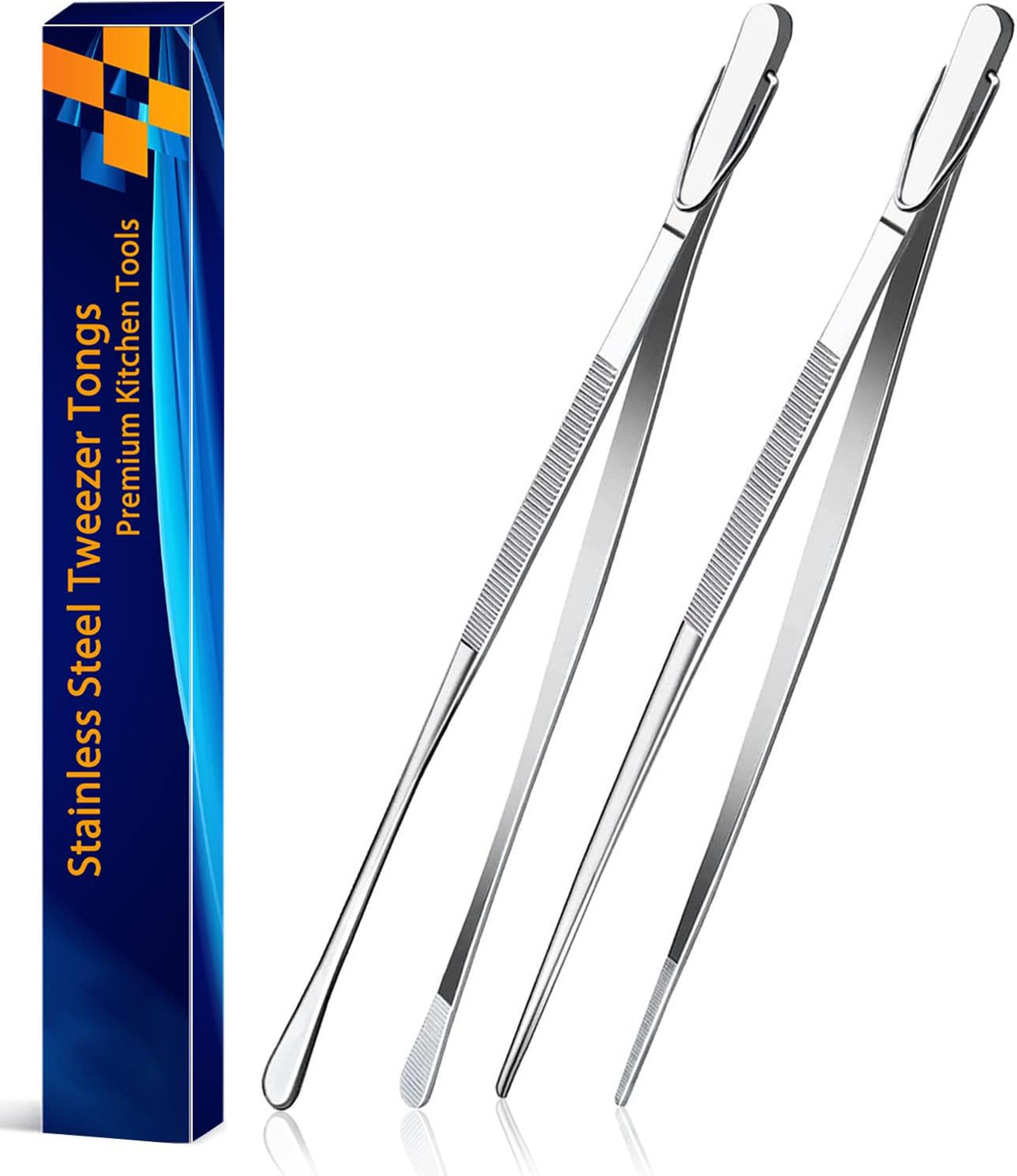 fine long tweezer tongs for cooking, stainless steel cooking tweezers precision kitchen tongs for food plating, grilling