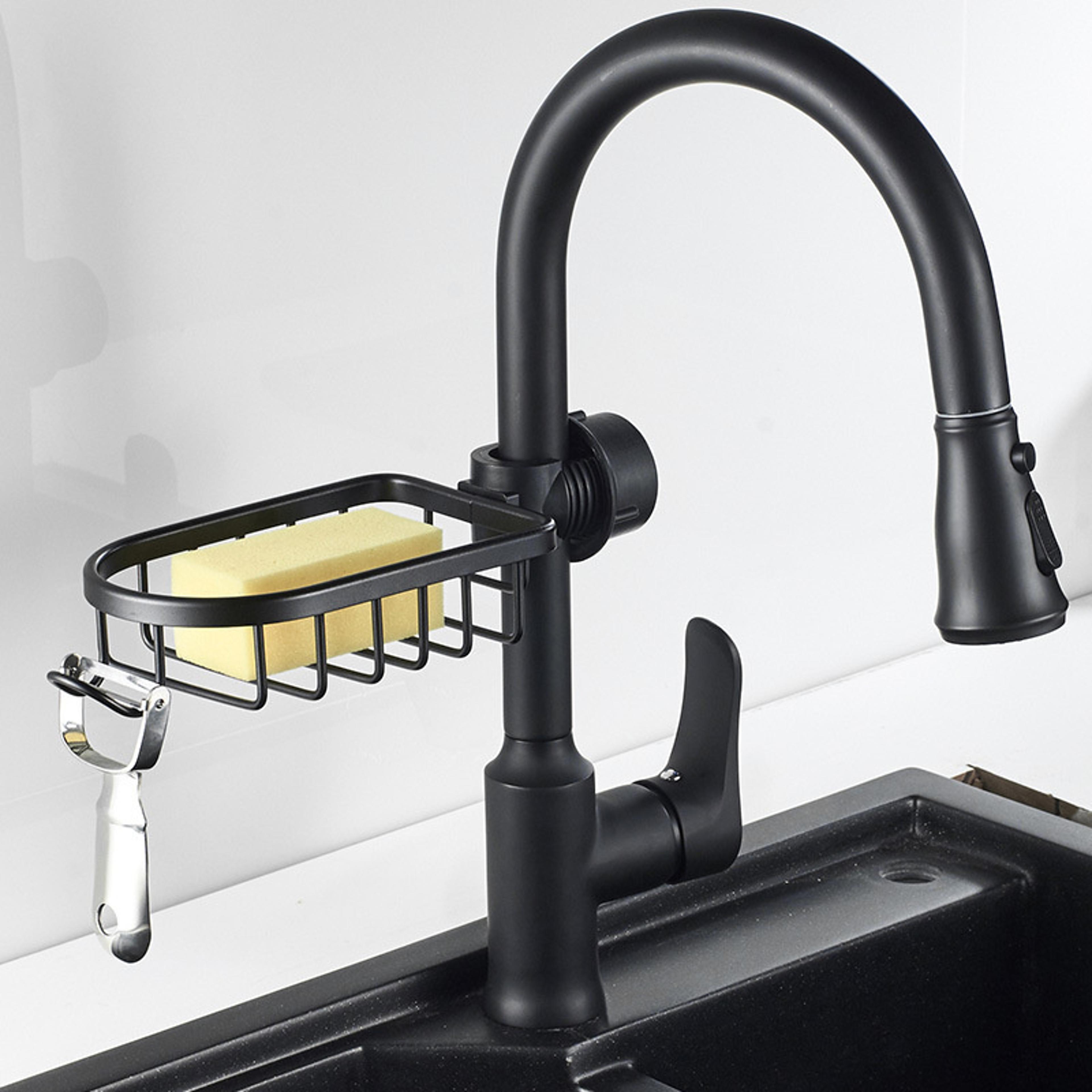kitchen sink drain rack, sponge storage basket, faucet holder, aluminum soap drainer shelf organizer, space saving