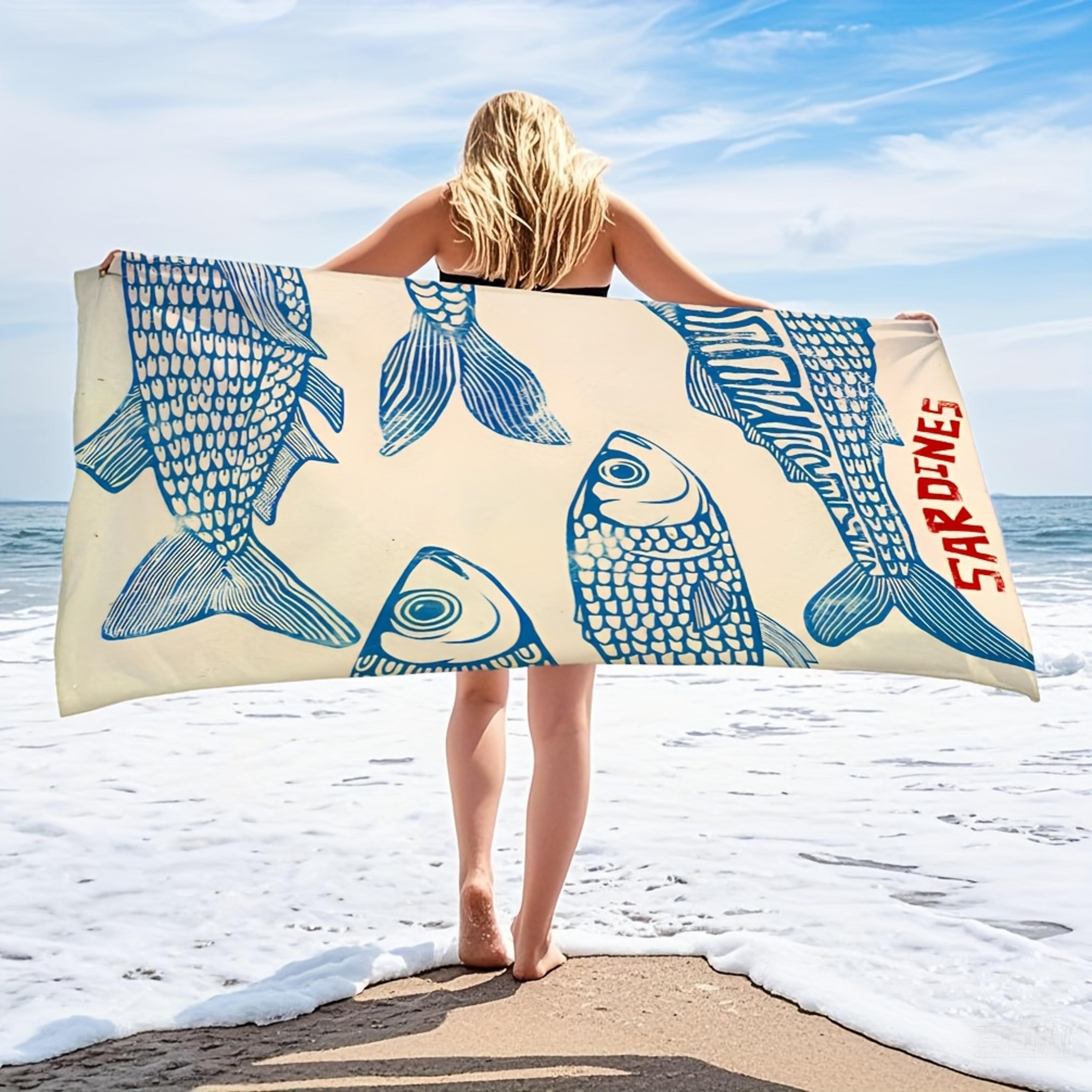 super soft sardine print, beach towel, blue retro design, microfiber, for beach, swimming, pool, yoga