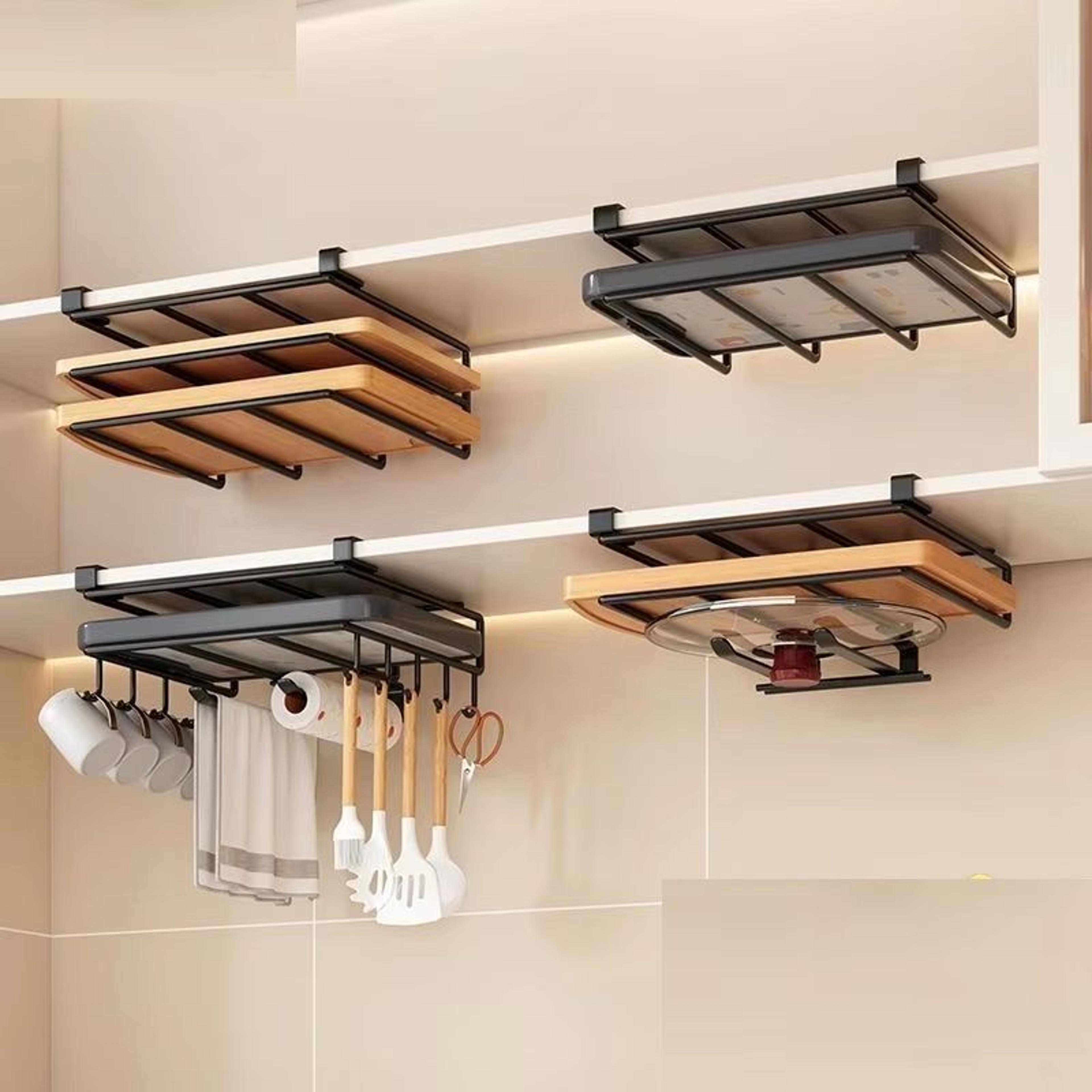 under cupboard hanging organizer rack with hook, paper towel, rags hanger, cutting board holder for kitchen storage