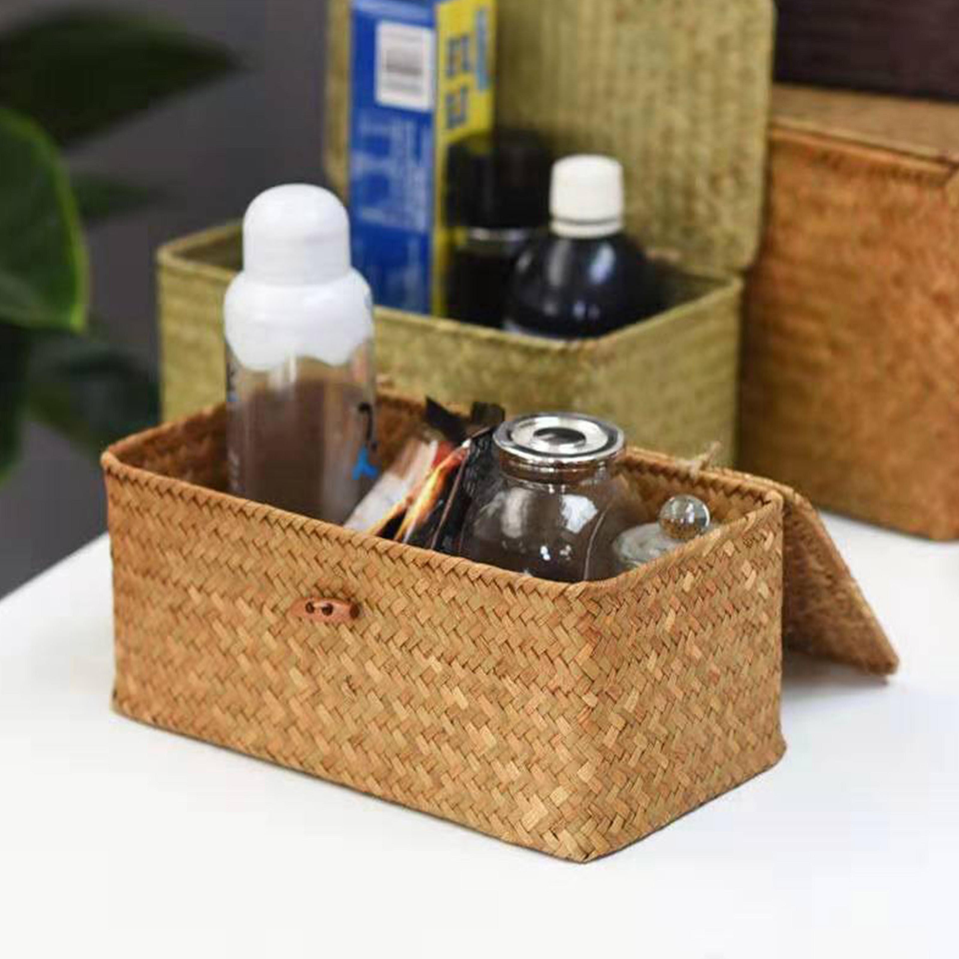 Handmade Wicker Woven Storage Box With Lid Rattan Finishing Basket For Laundry Towels Cosmetics Sun 3