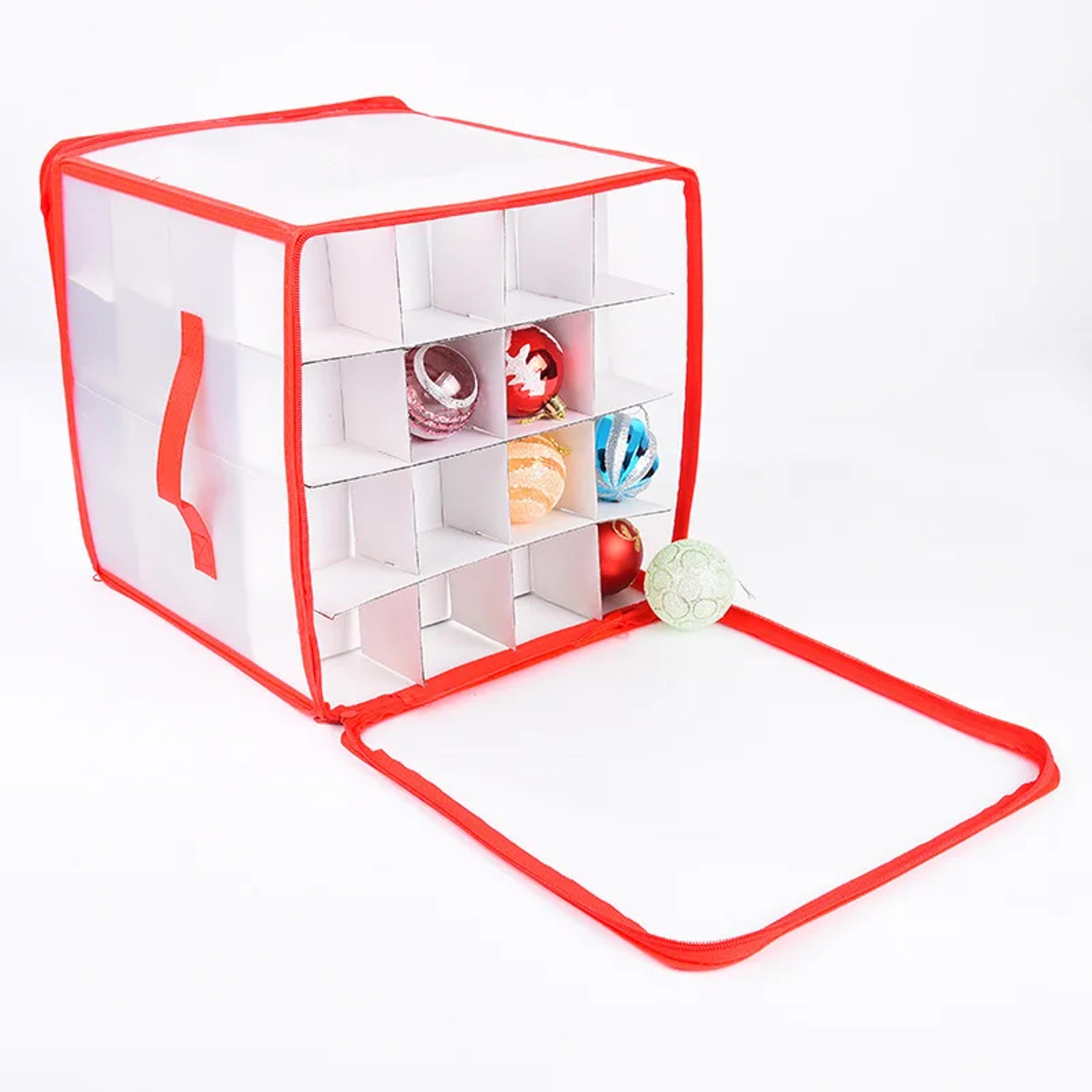 christmas ornament storage box with zipper, xmas ball storage tote box for ornaments, secure and convenient