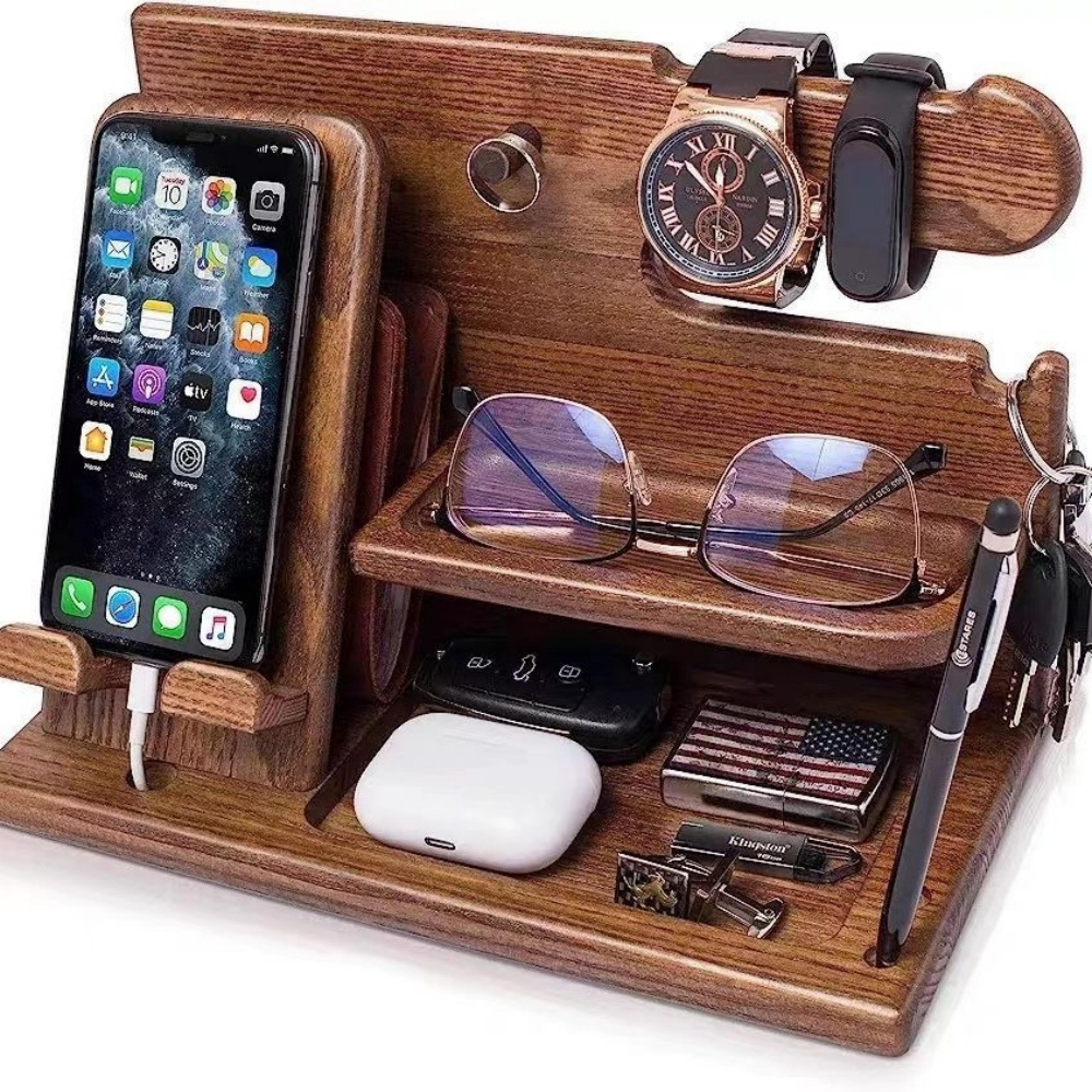 wooden desk organizer, phone holder, keys, wallet, glasses, watch stand, office desktop, bedside organizer, jewelry