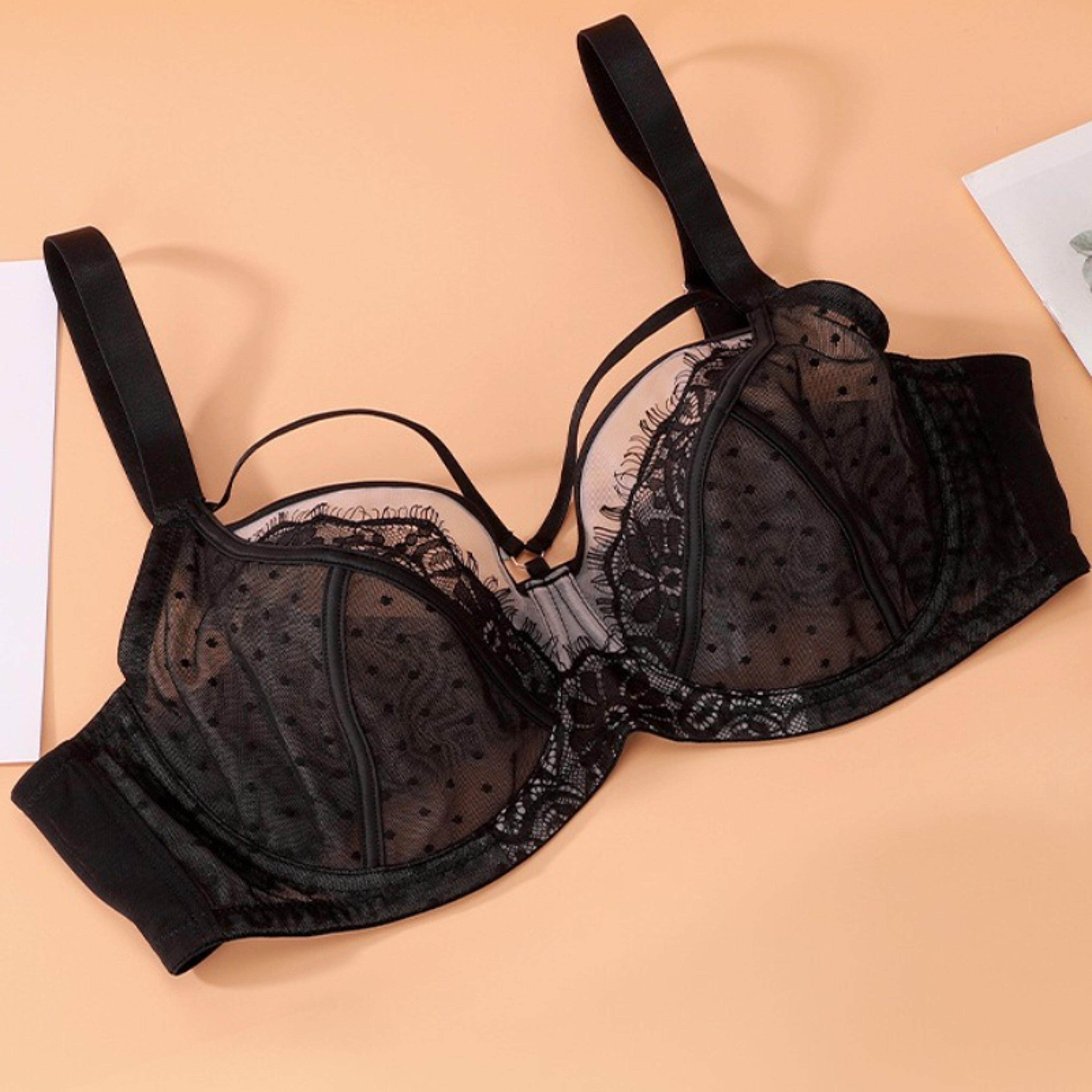 lace plus size bra, thin mesh embroidery, full cup, gathering top support, slim fit underwear for women