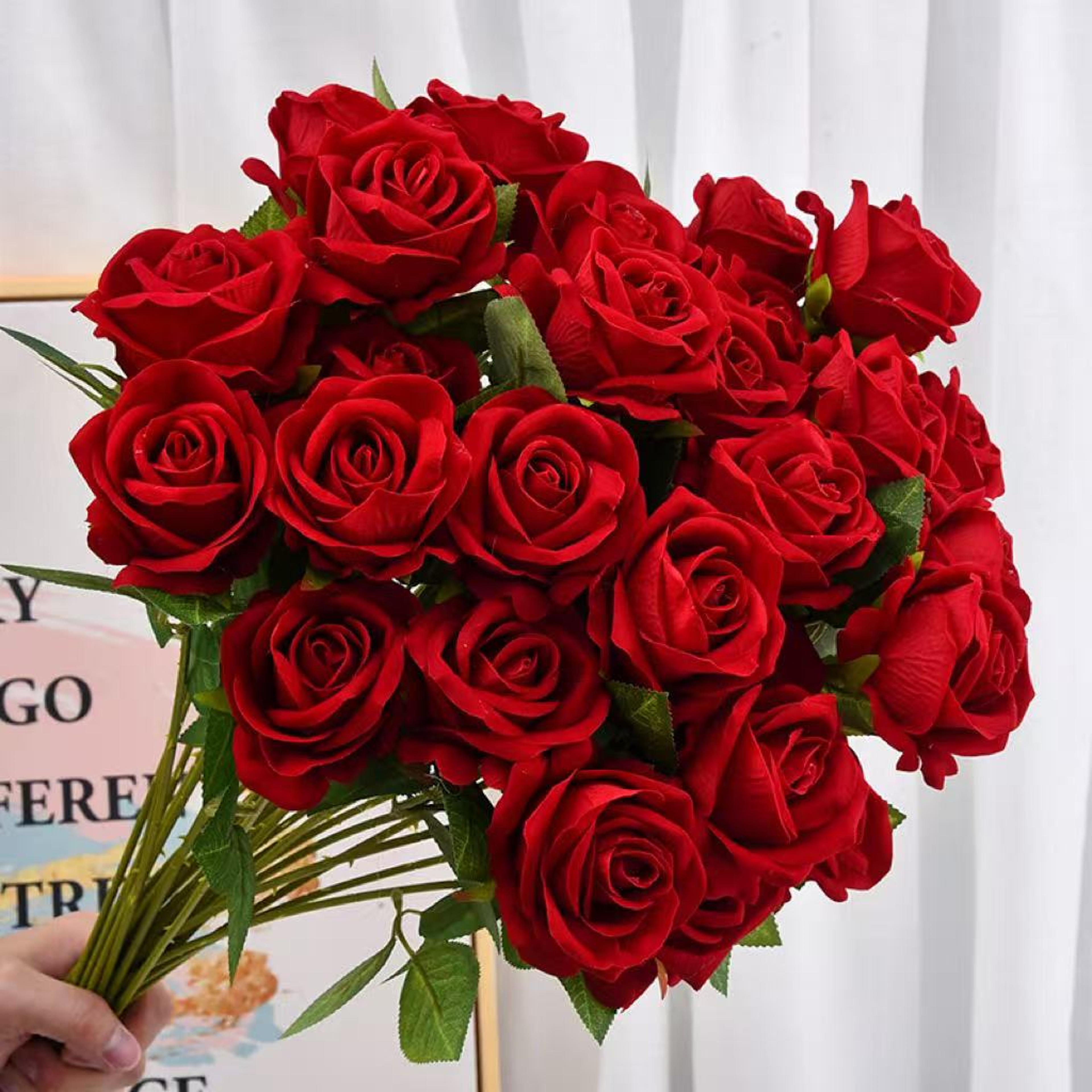 artificial red roses, realistic fake rose branch for wedding home decor, roses artificial flowers for floral arrangement