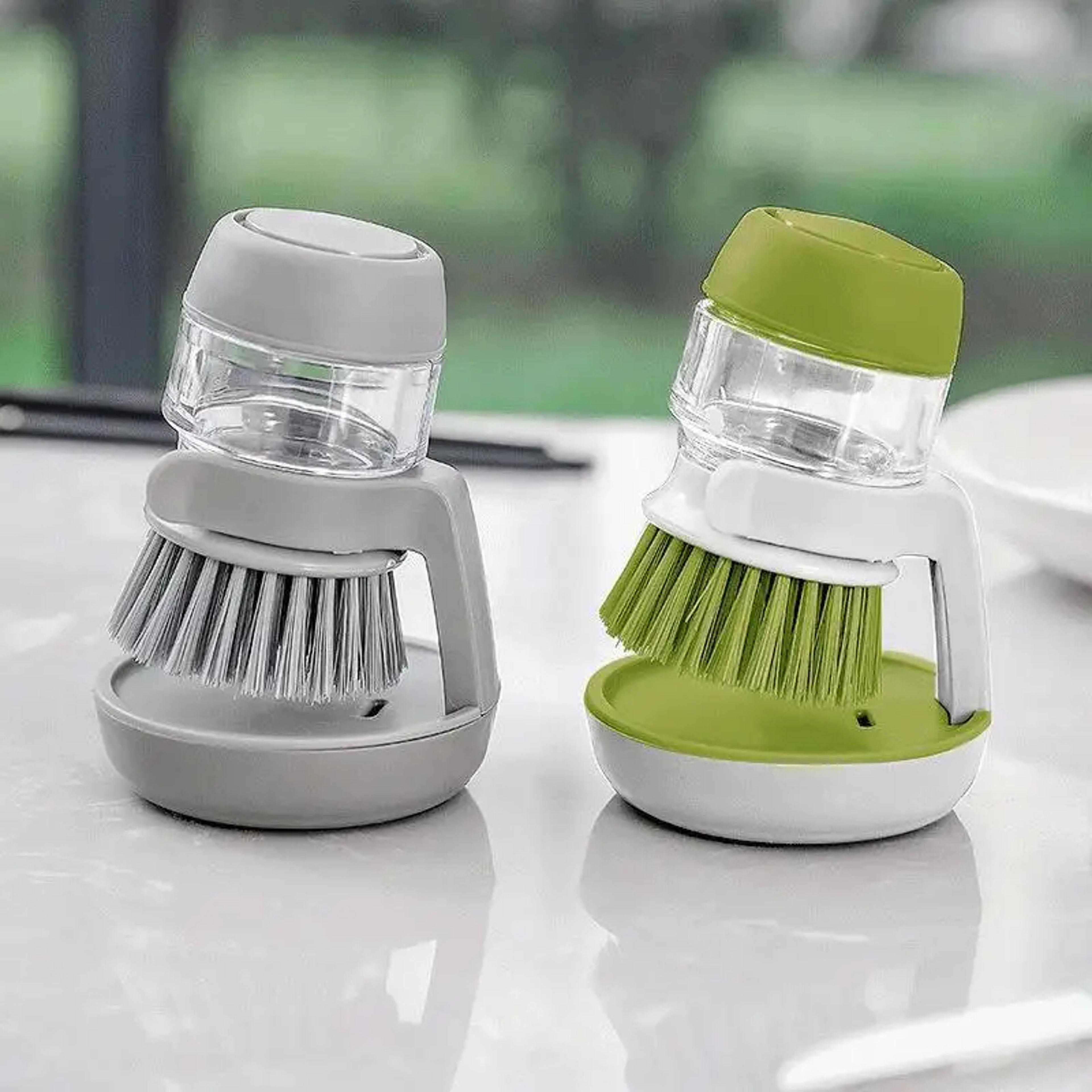 dish brush with soap dispenser, multi use soap dispensing scrub brush, household universal kitchen dish palm brush
