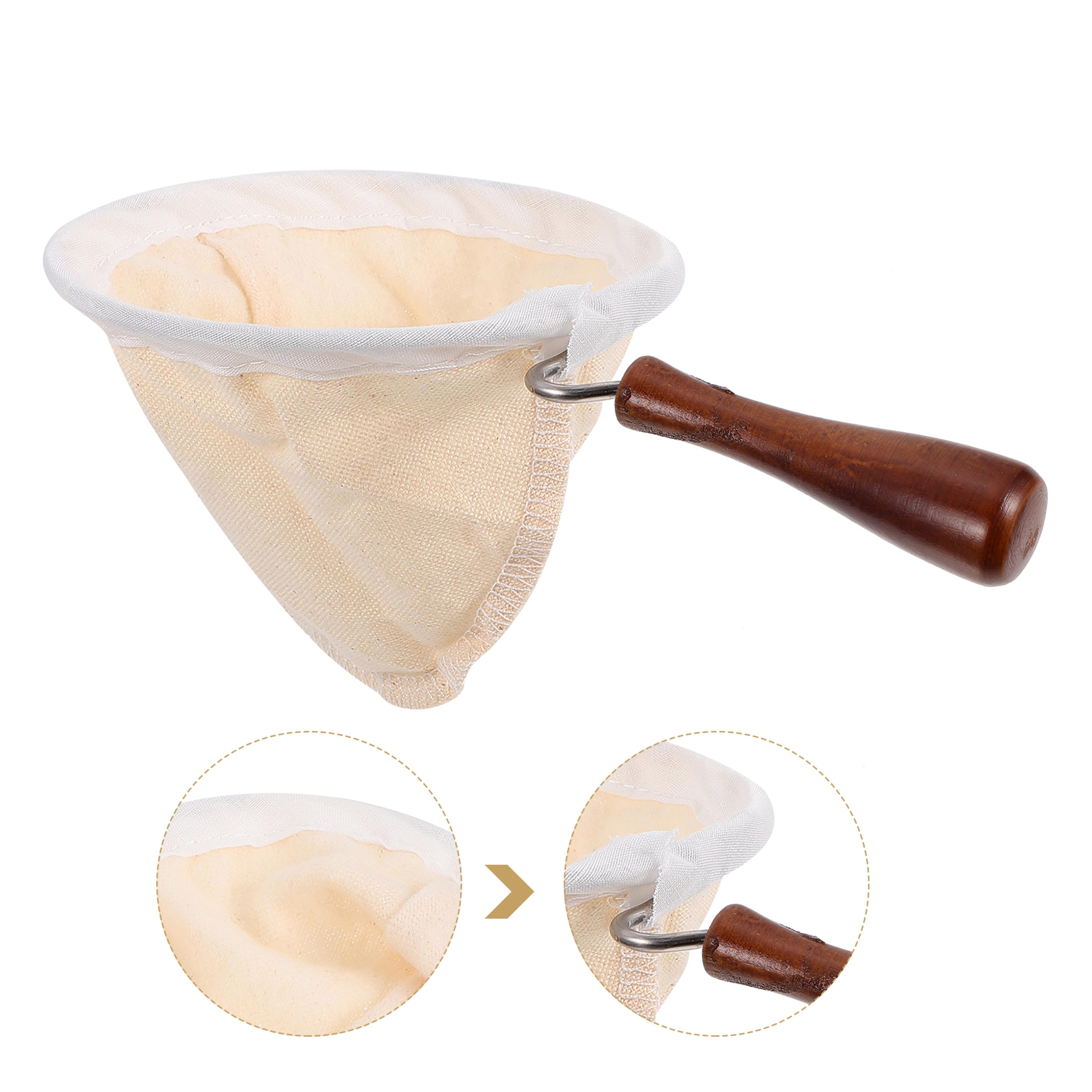 reusable coffee filter bag with steel ring, flannel cloth, wood handle, tea strainer pouch, kitchen brew colander strain