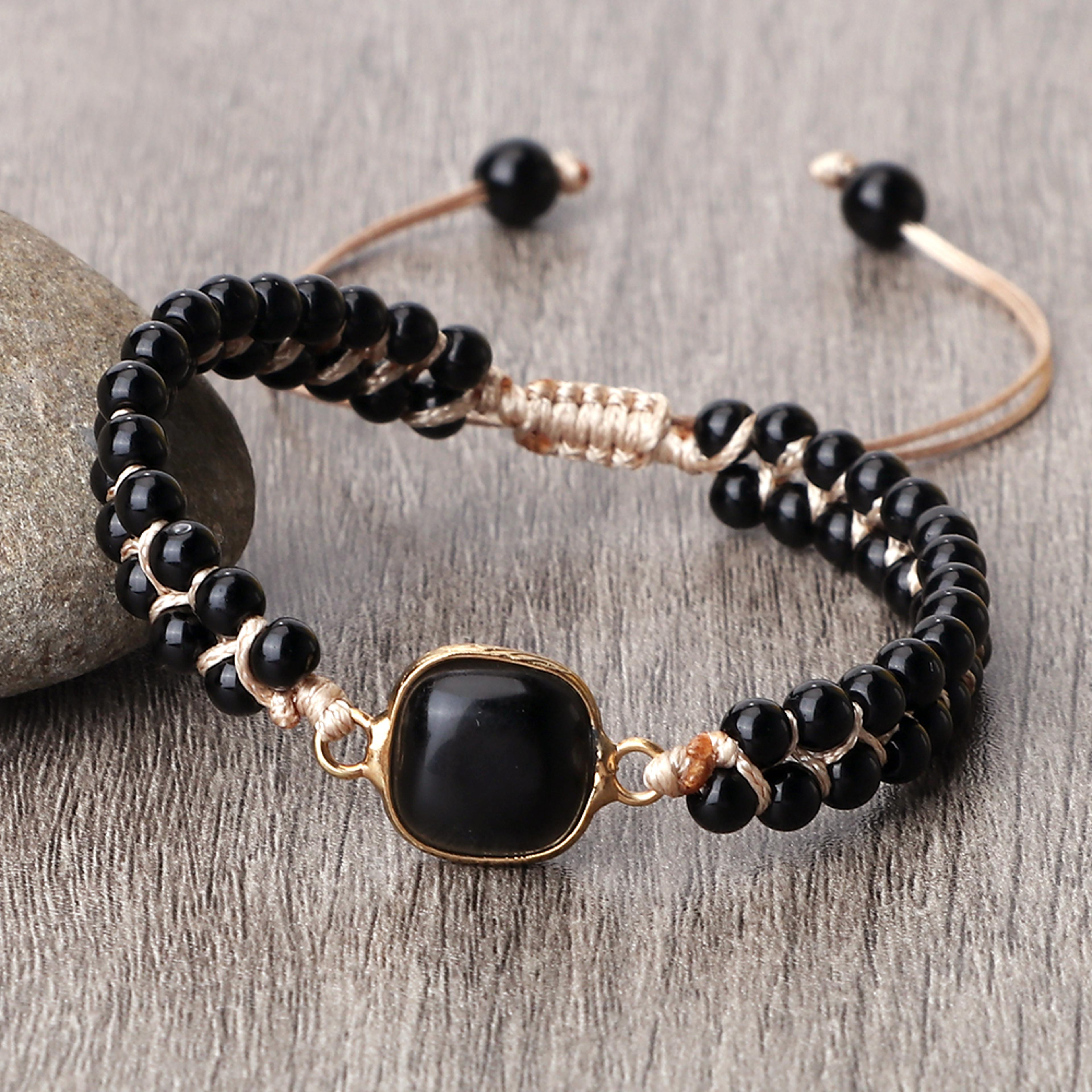 black onyx braided bracelet, handmade adjustable obsidian pendant, women wrist bangle, men prayer jewelry gift
