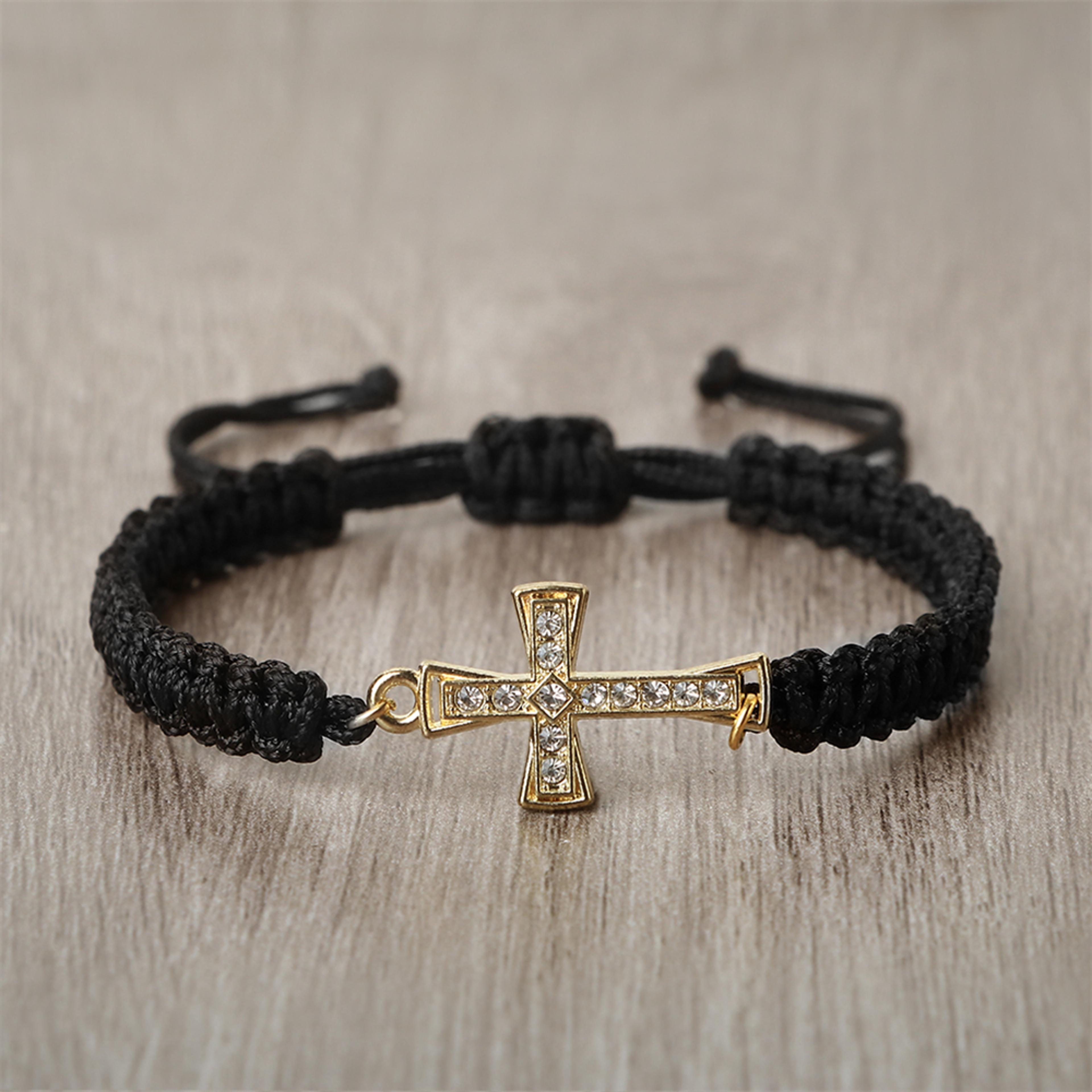men crystal cross pendant bracelet, adjustable red black braided friendship jewelry for women