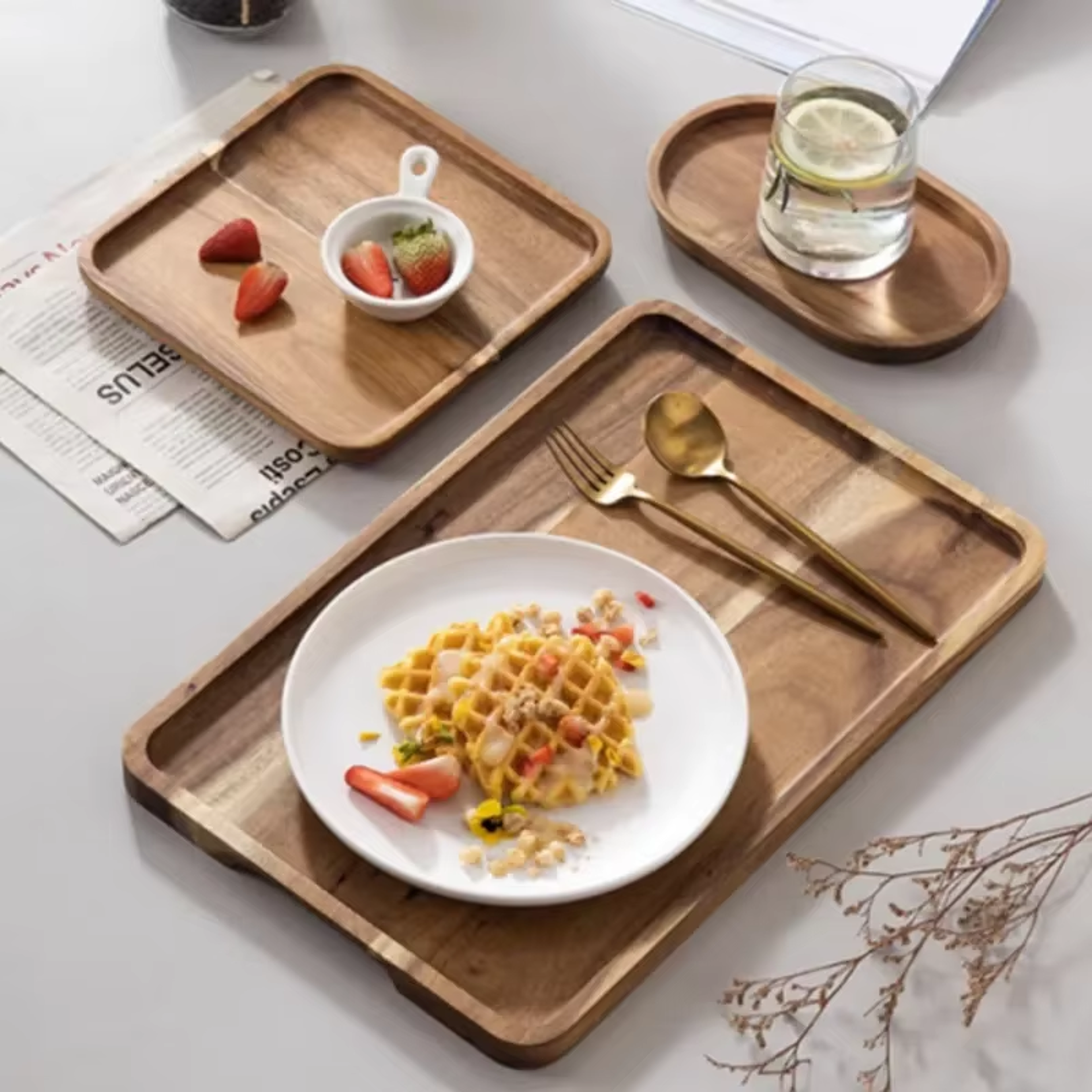 natural acacia wood coffee tray rectangular plate for serving snacks, fruits, dessert, and tea