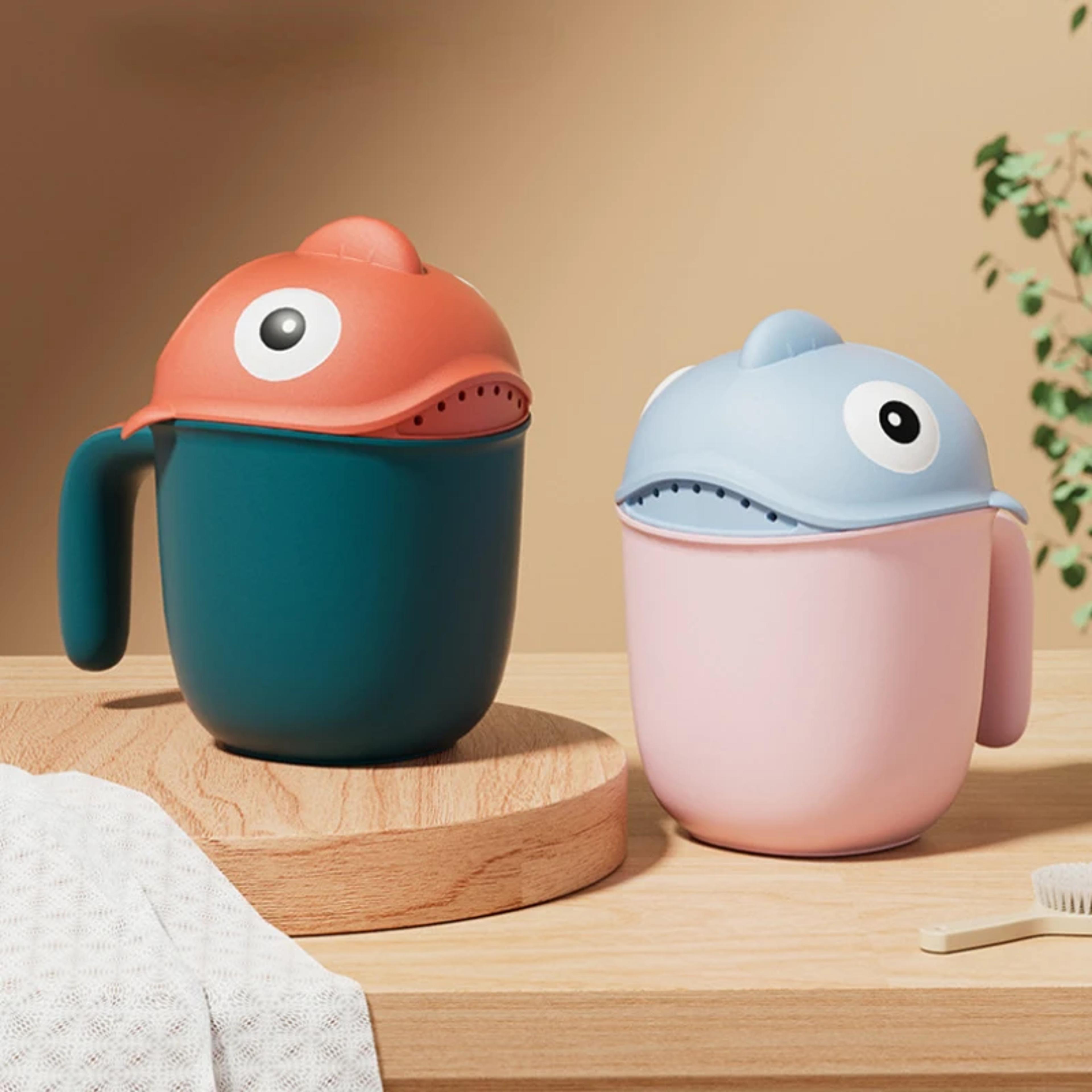 cartoon shark baby bath shower head rinse cup, cute bathing toys for toddlers, bathroom accessories